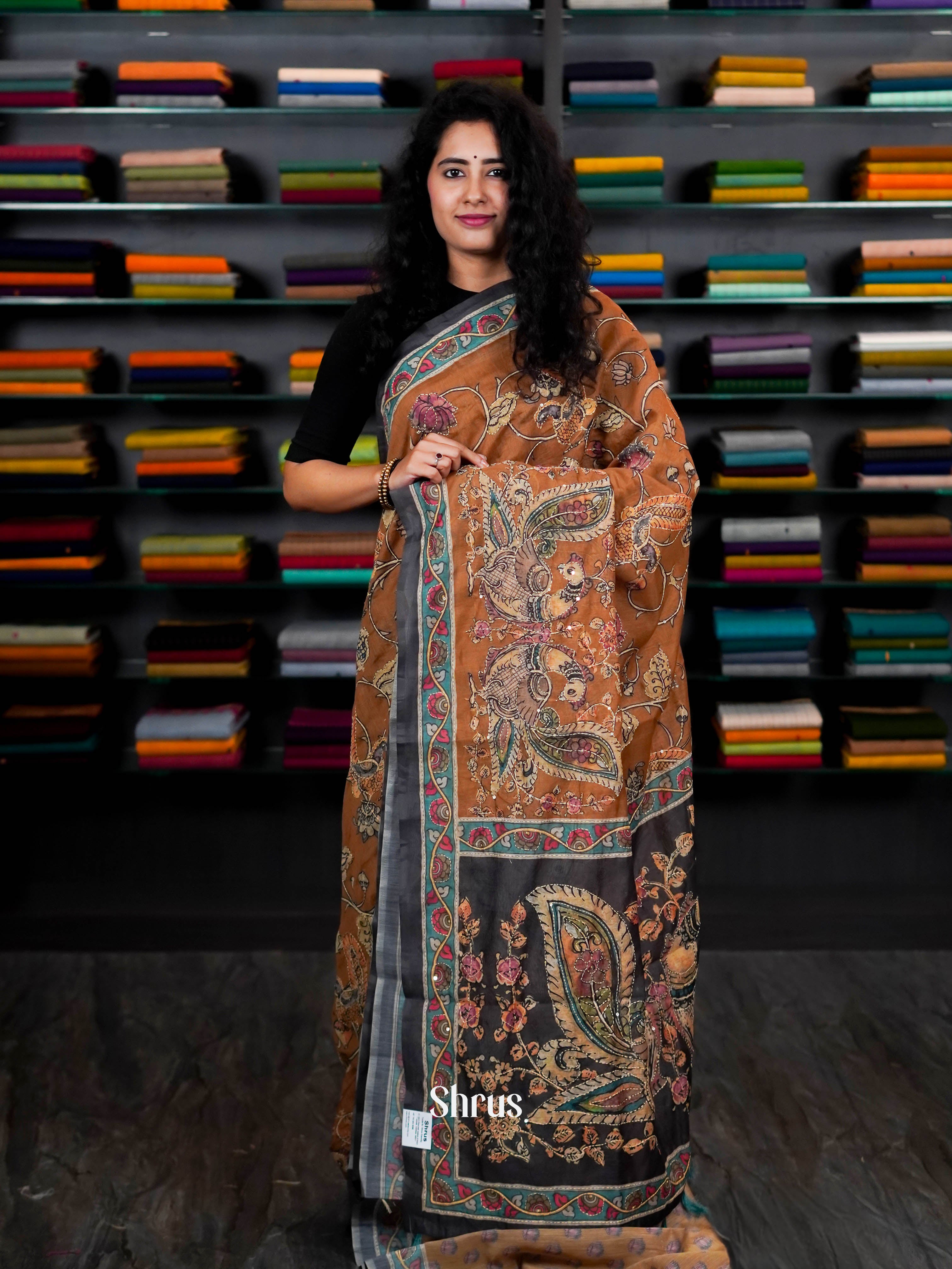 Brown & Black - Semi Kantha Saree