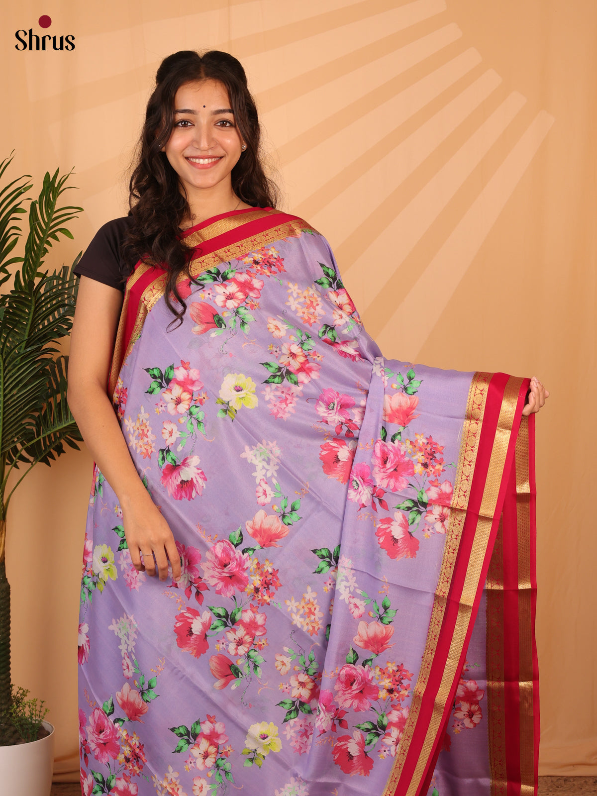 Lavender & Red - Mysore Silk Saree