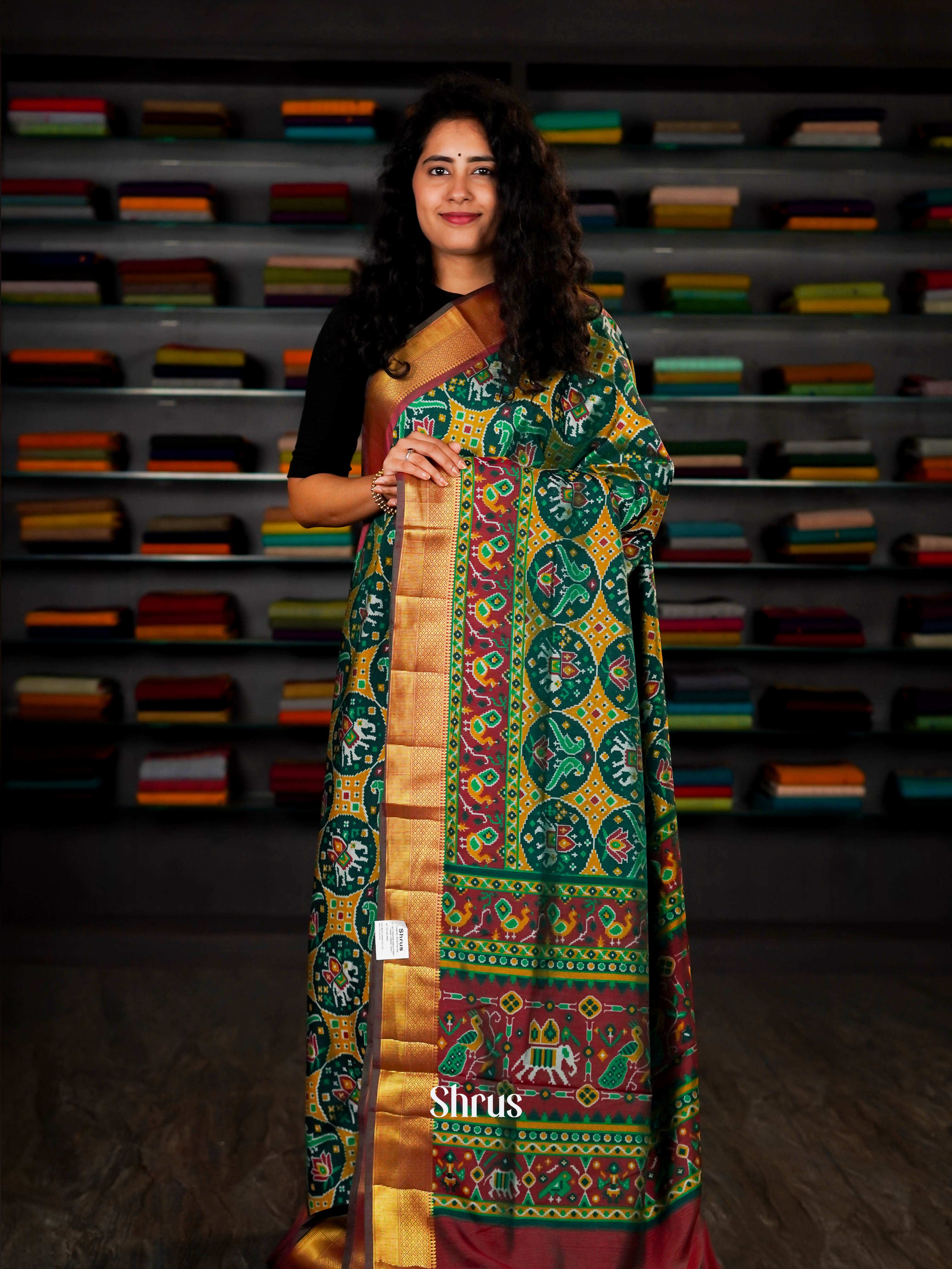 Green & Maroon  - Semi Patola Saree