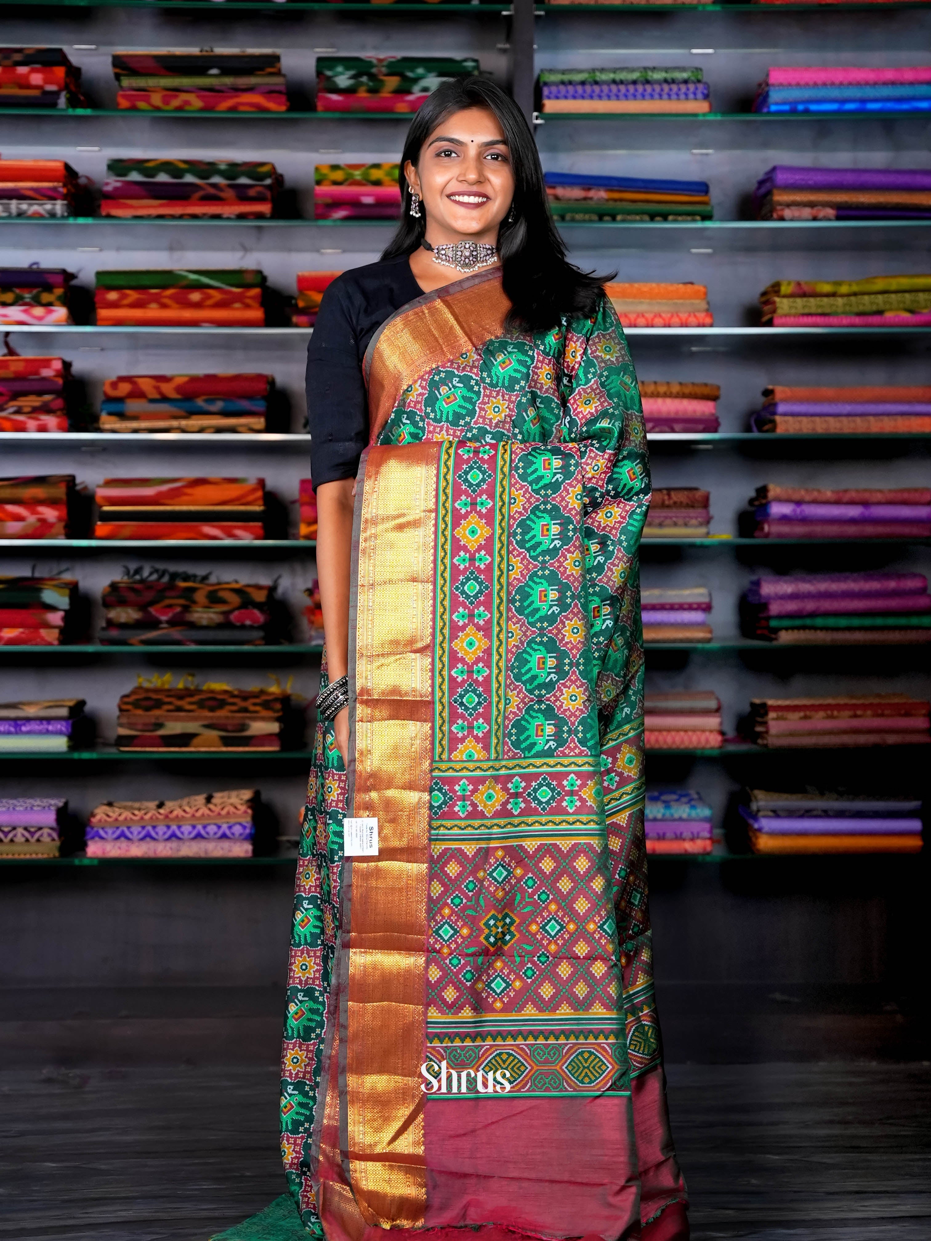 Green & Maroon - Semi Patola Saree