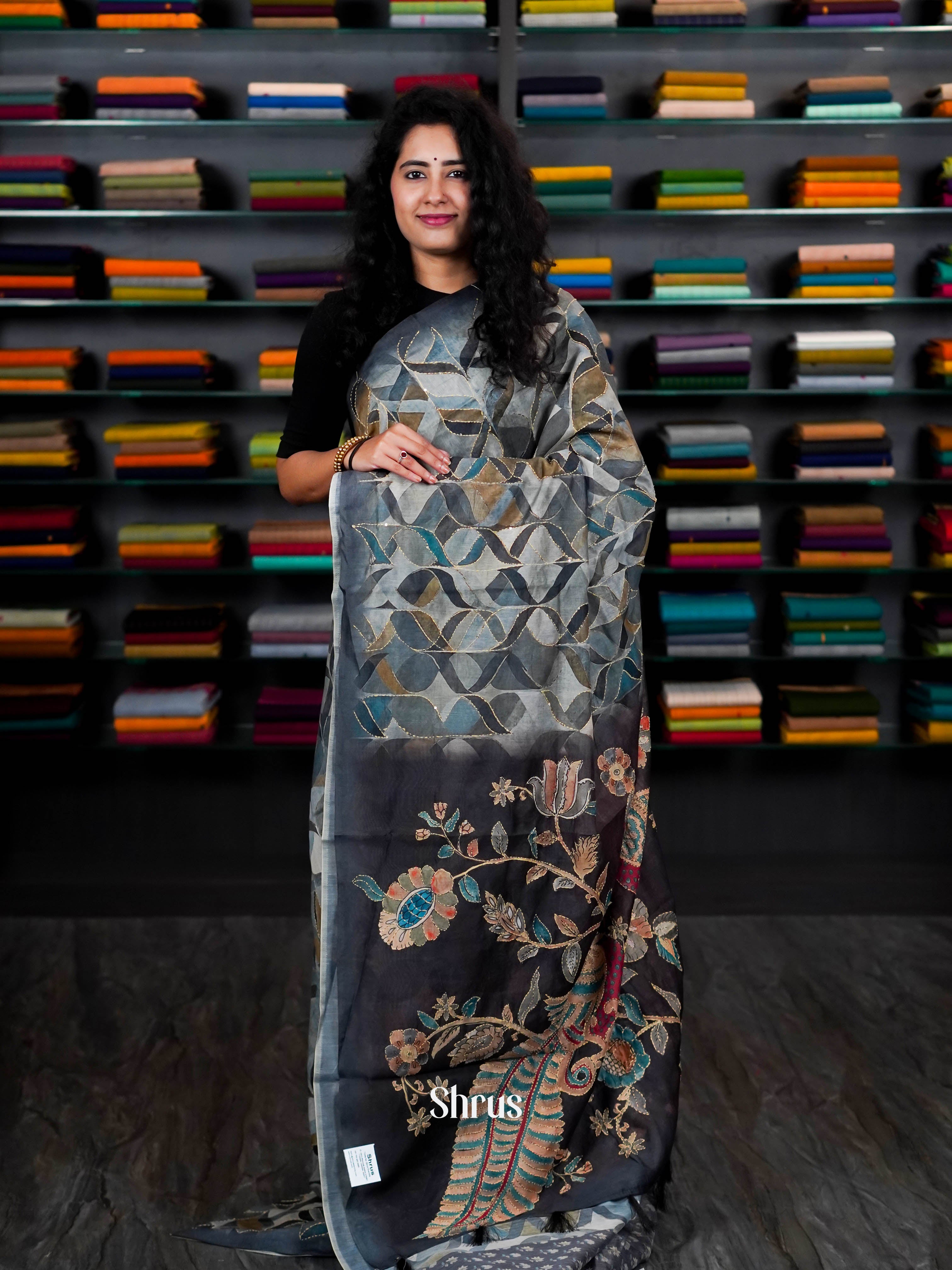 Grey & Black - Semi Kantha Saree