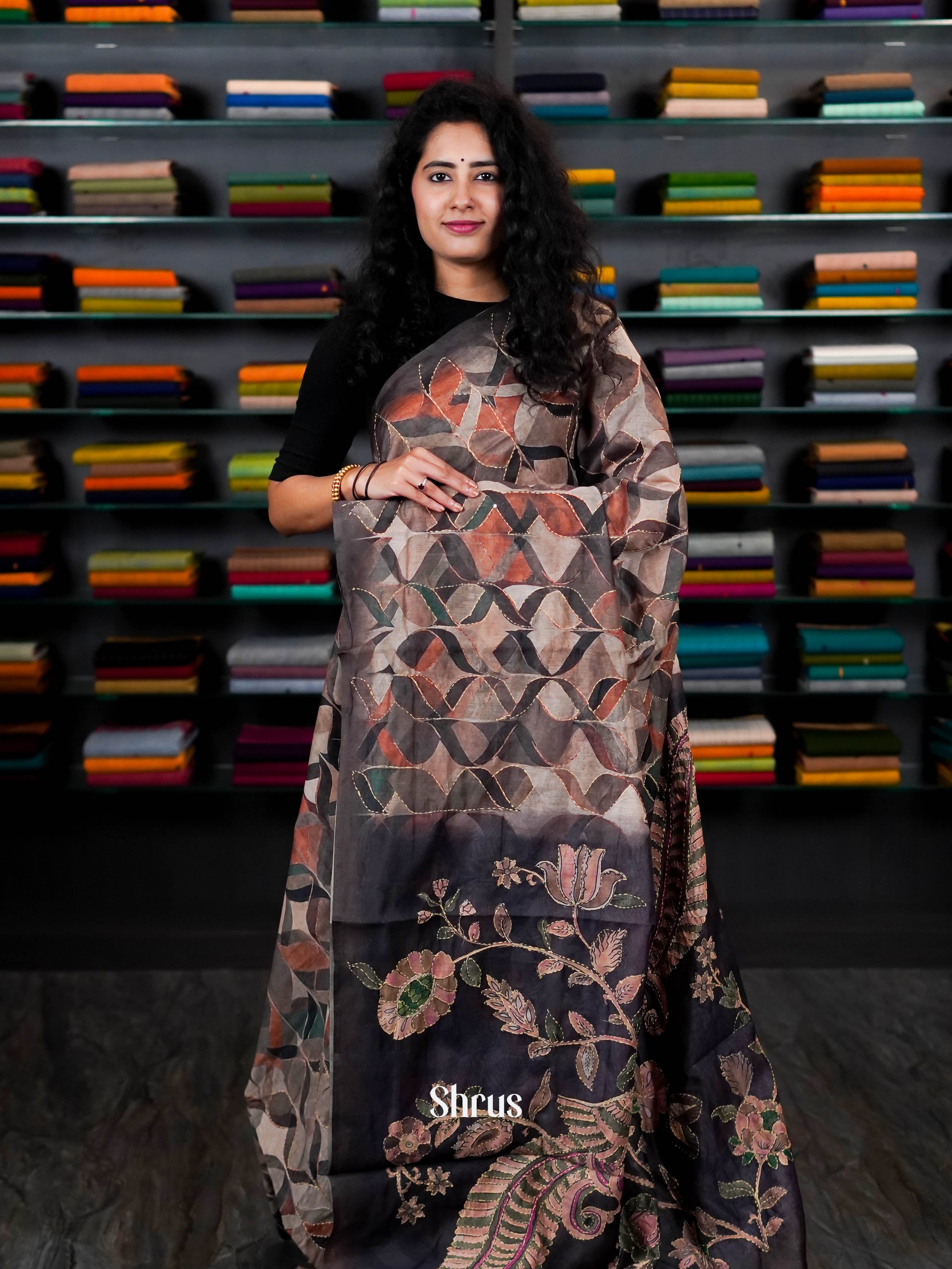 Brown & Black- Semi Kantha Saree