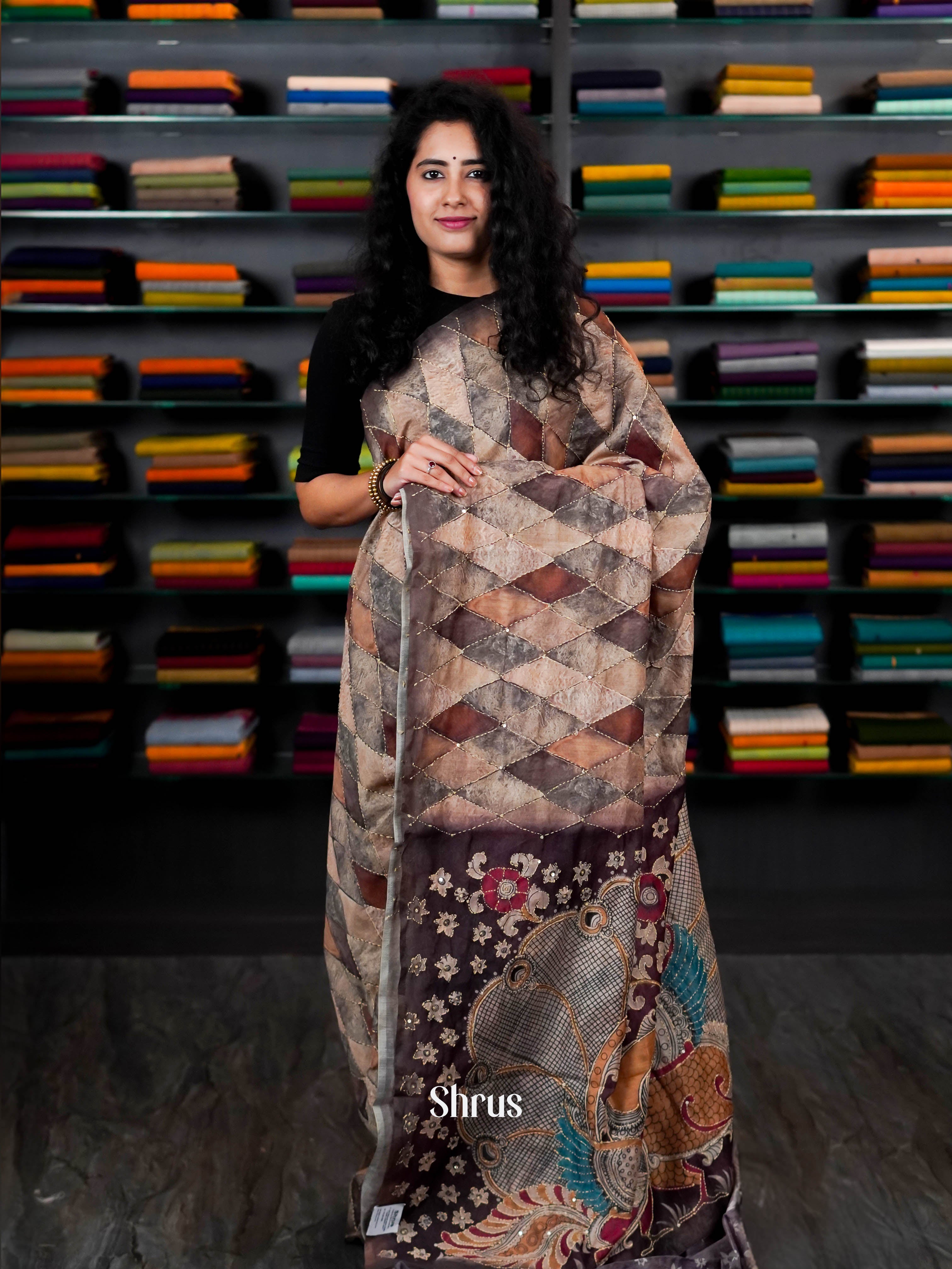 Brown & Black - Semi Kantha Saree