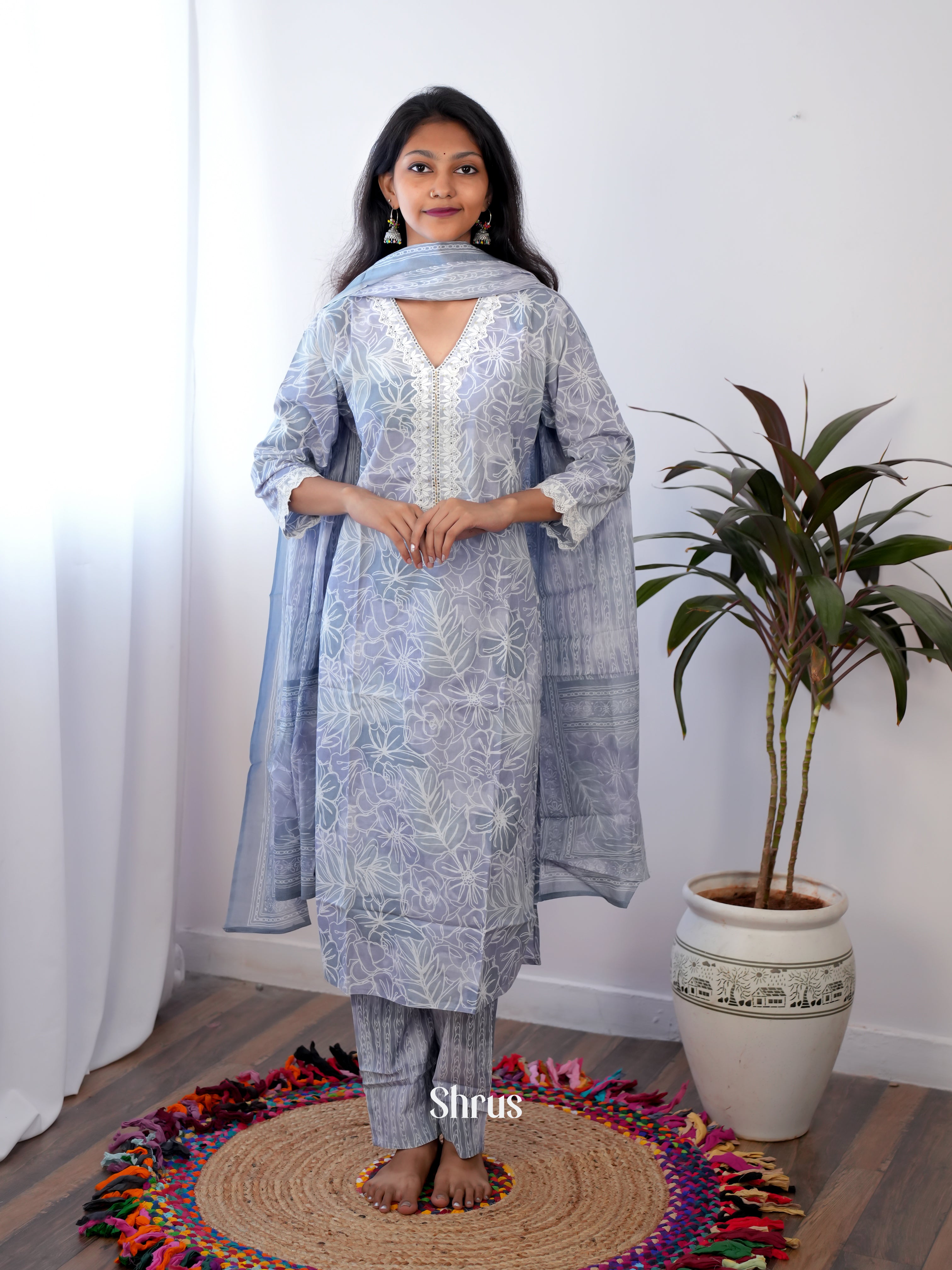 Cream & Blue -  3pc Printed Readymade Suits