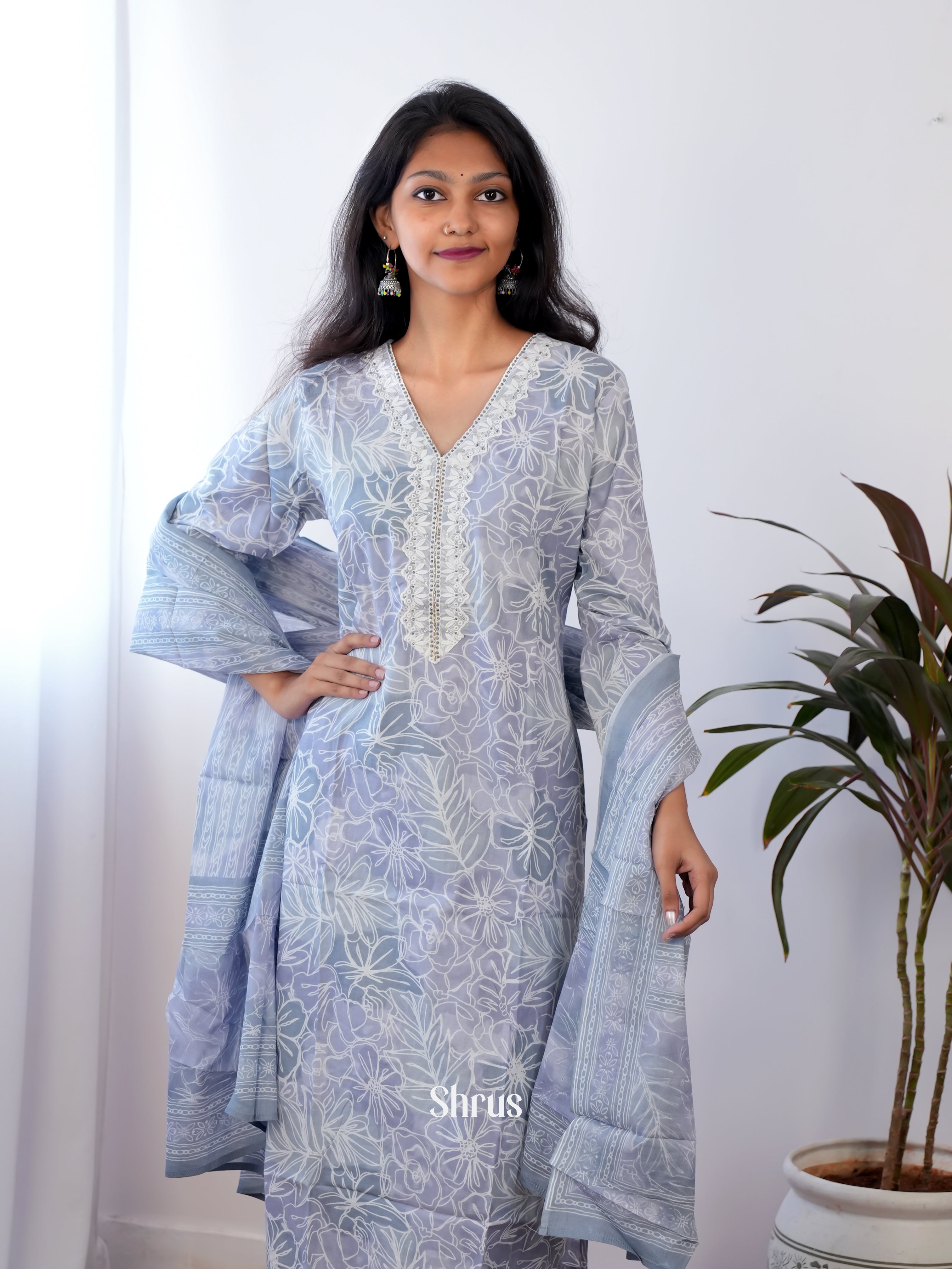 Cream & Blue -  3pc Printed Readymade Suits