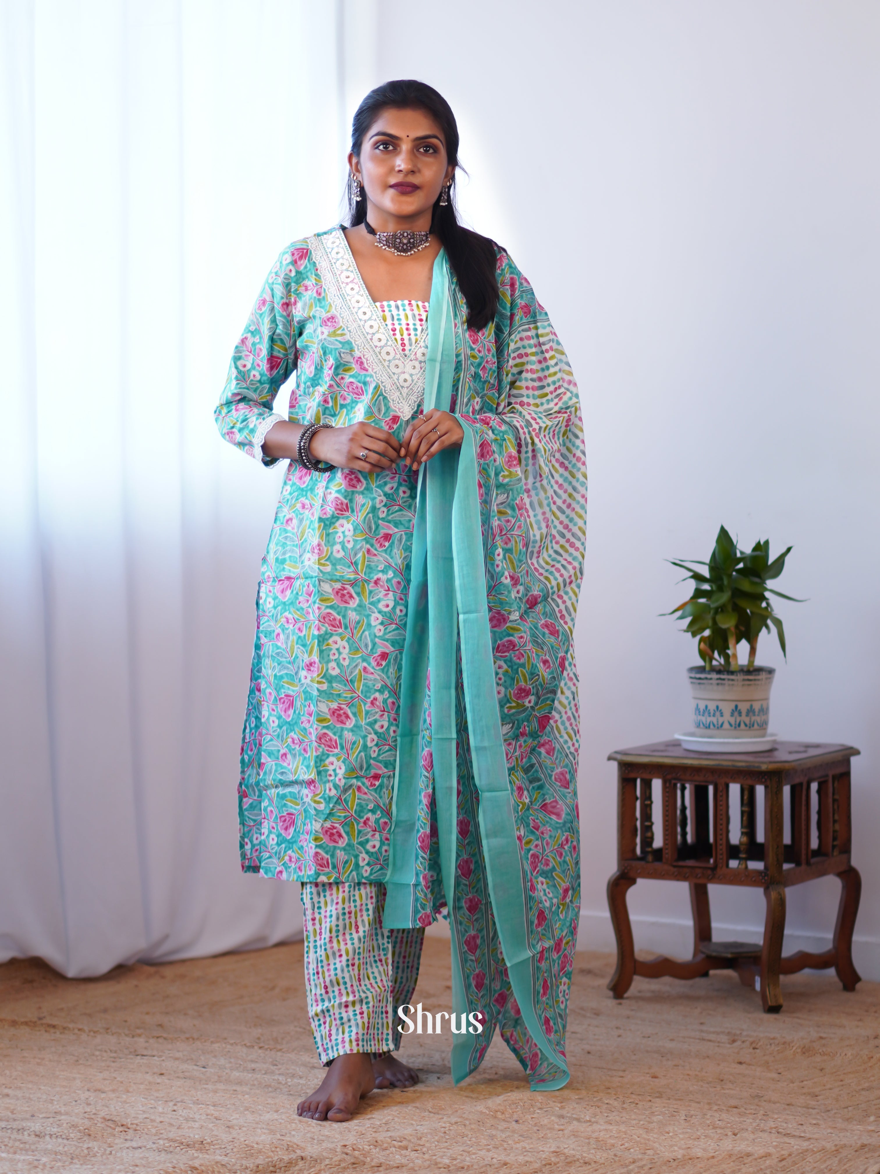 Teal  -Casual Printed 3pc  Readymade Suits