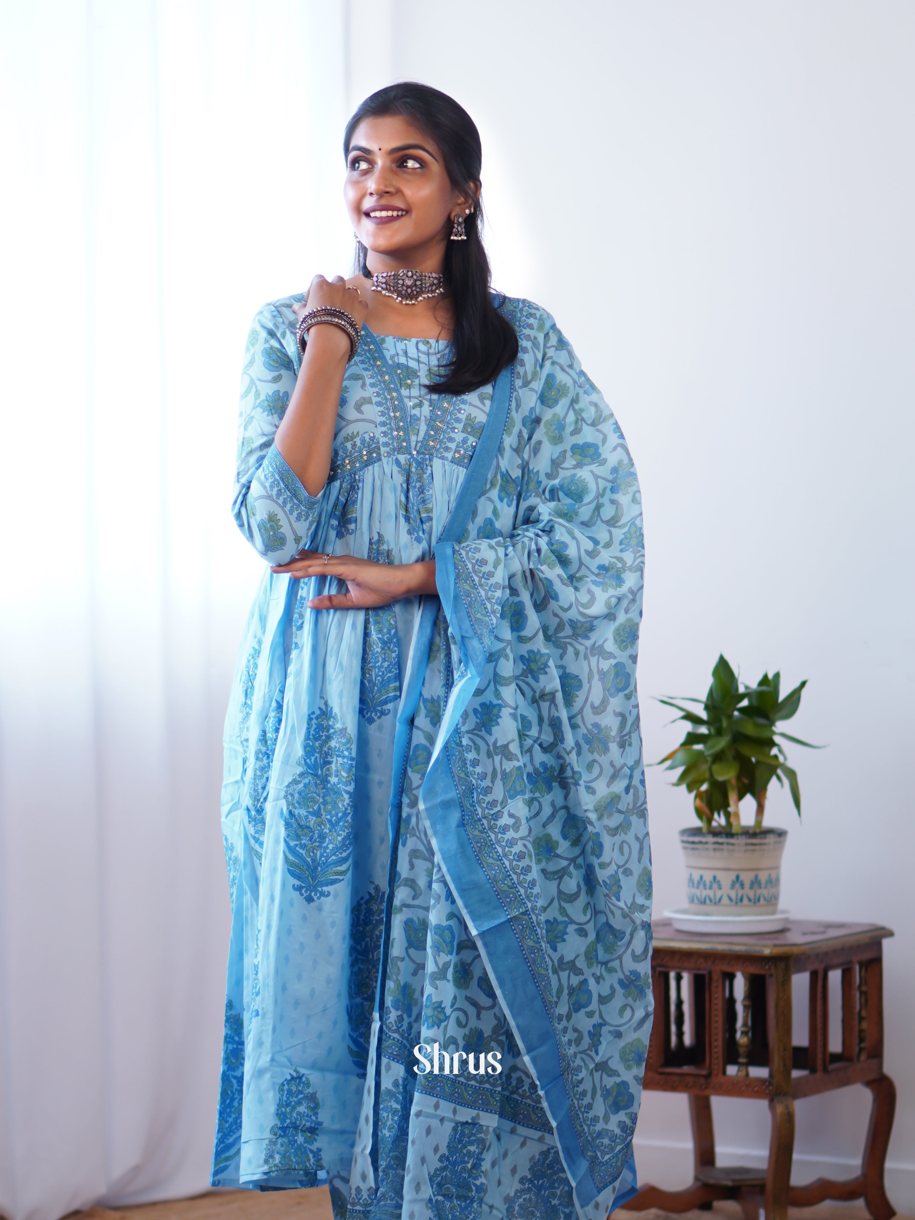 Blue  -V neck Printed 3 pc Readymade Suits