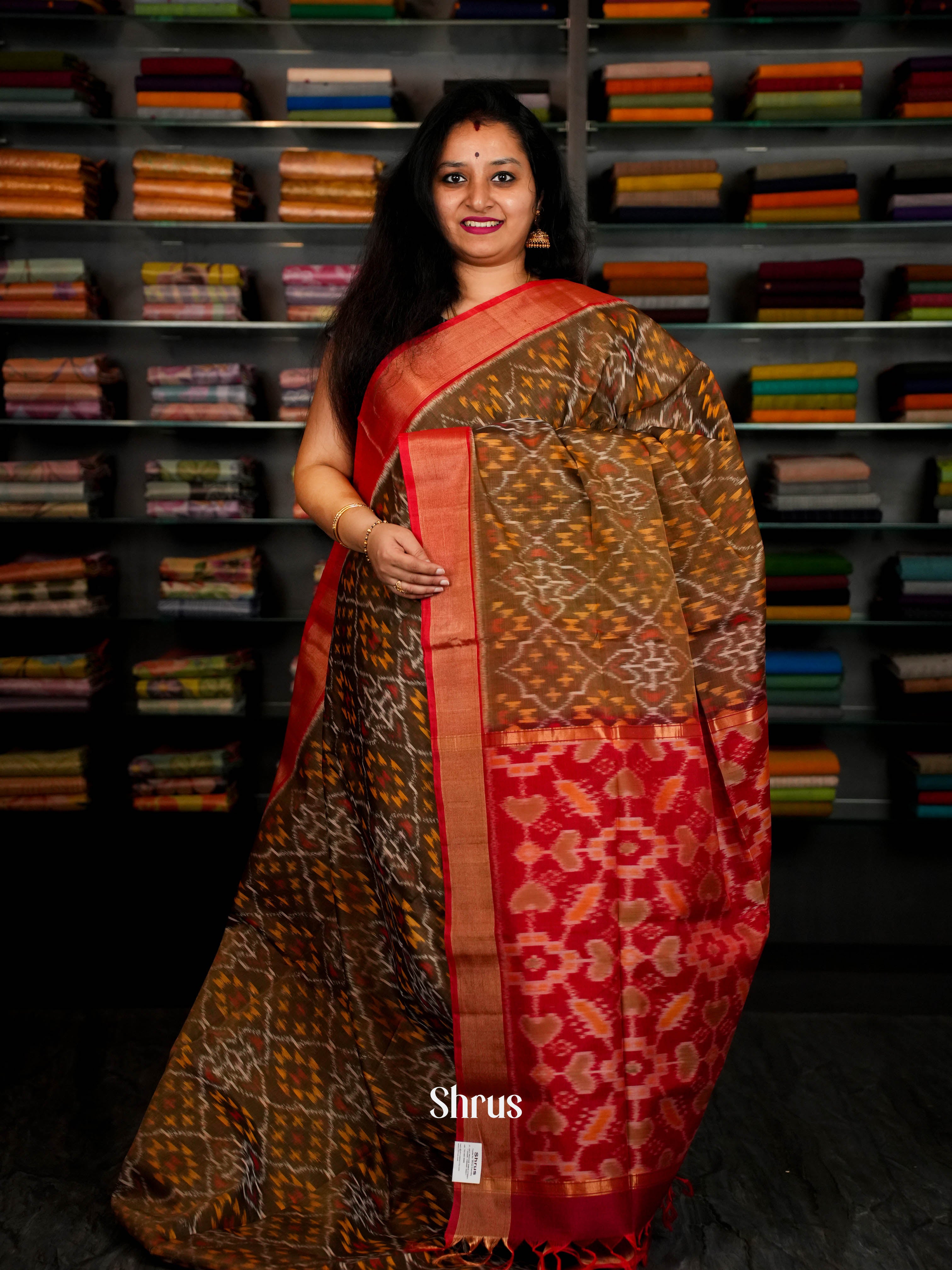 Olive Green & Red  - Pochampally sico Saree