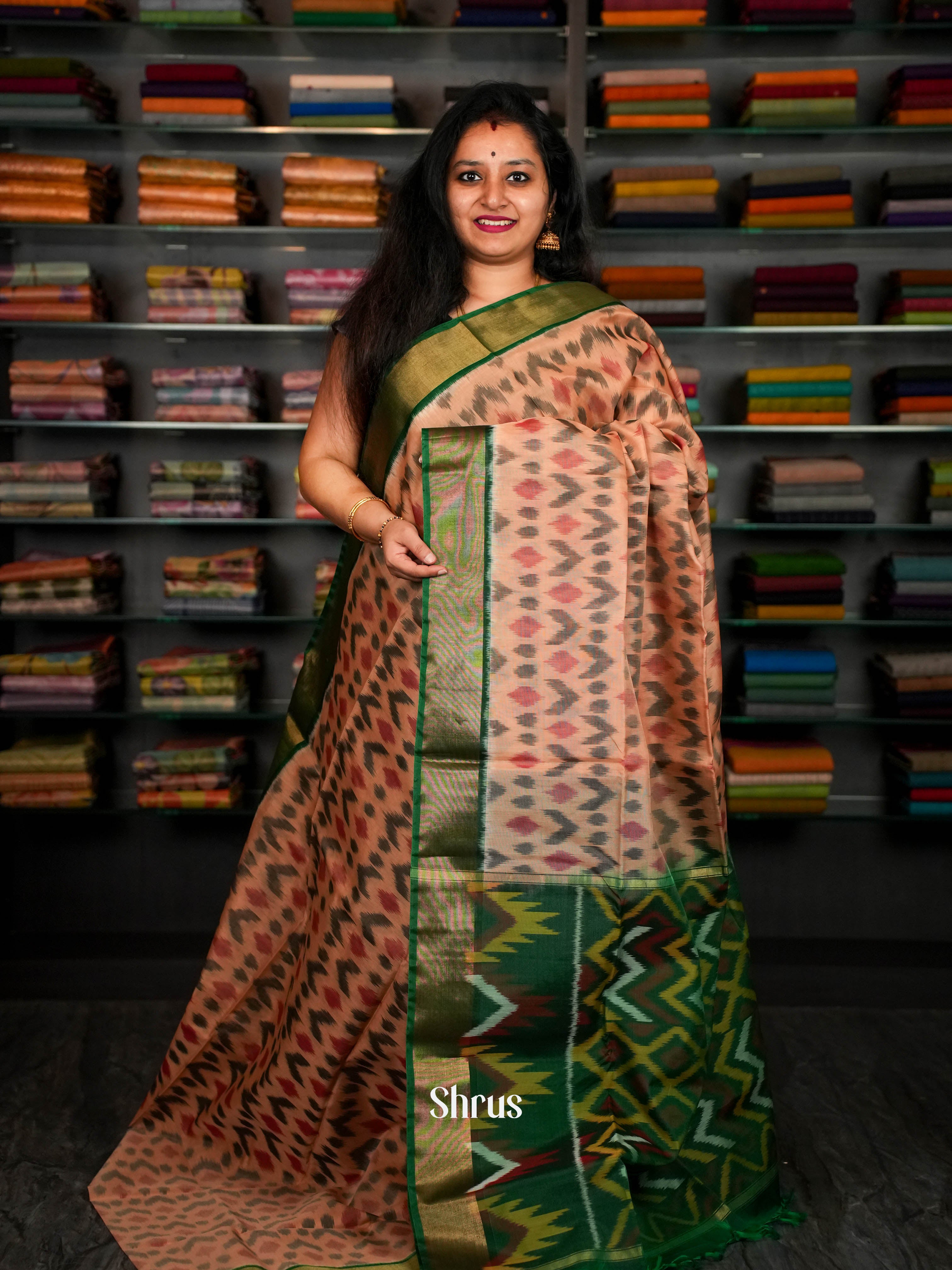 Cream & Green  - Pochampally sico Saree