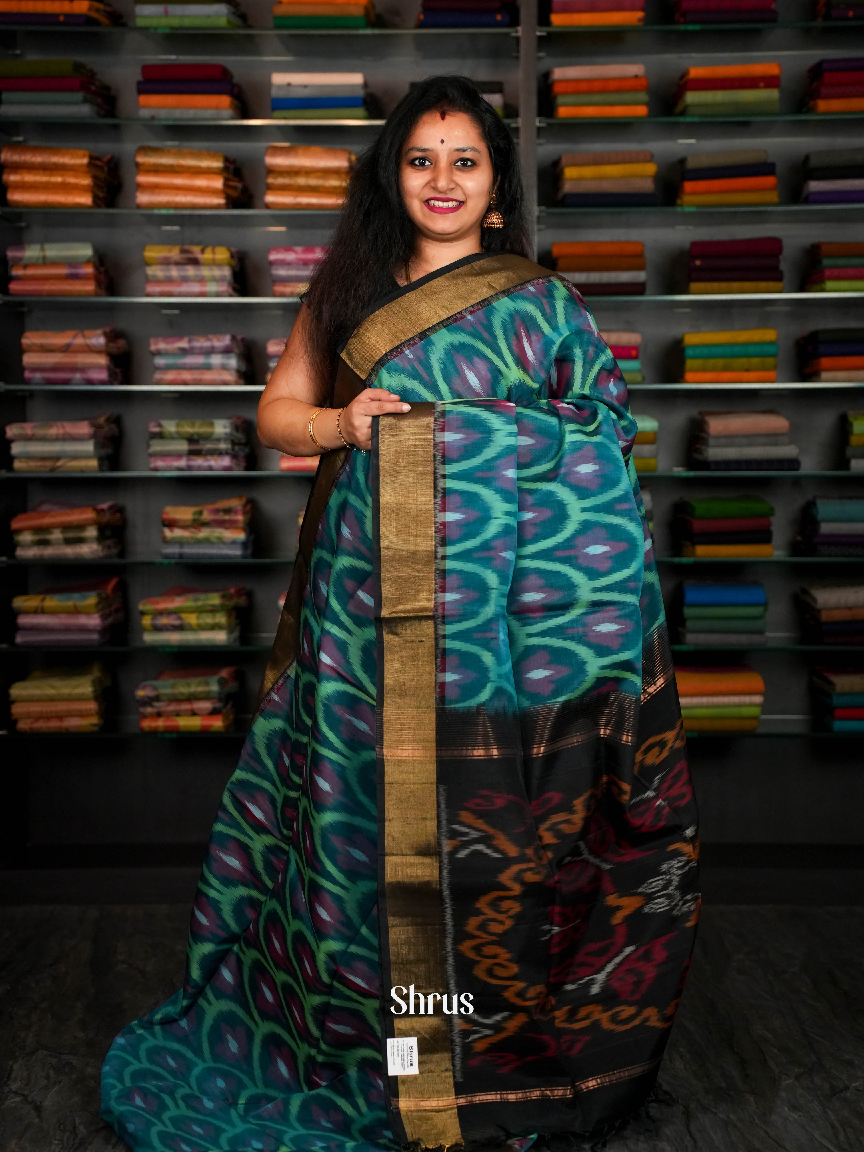 Teal & Black  - Pochampally sico Saree