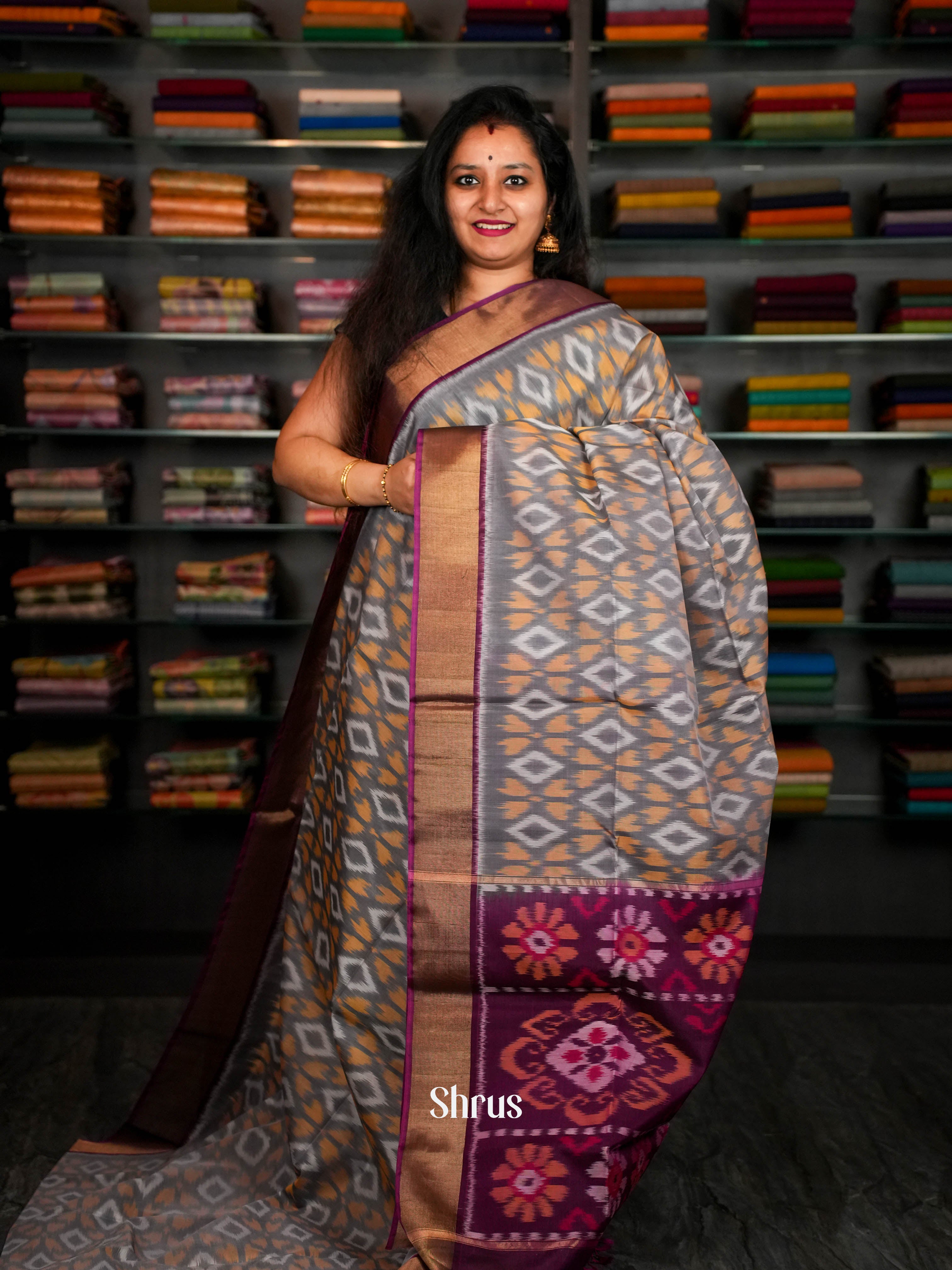 Grey & Dark Pink  - Pochampally sico Saree