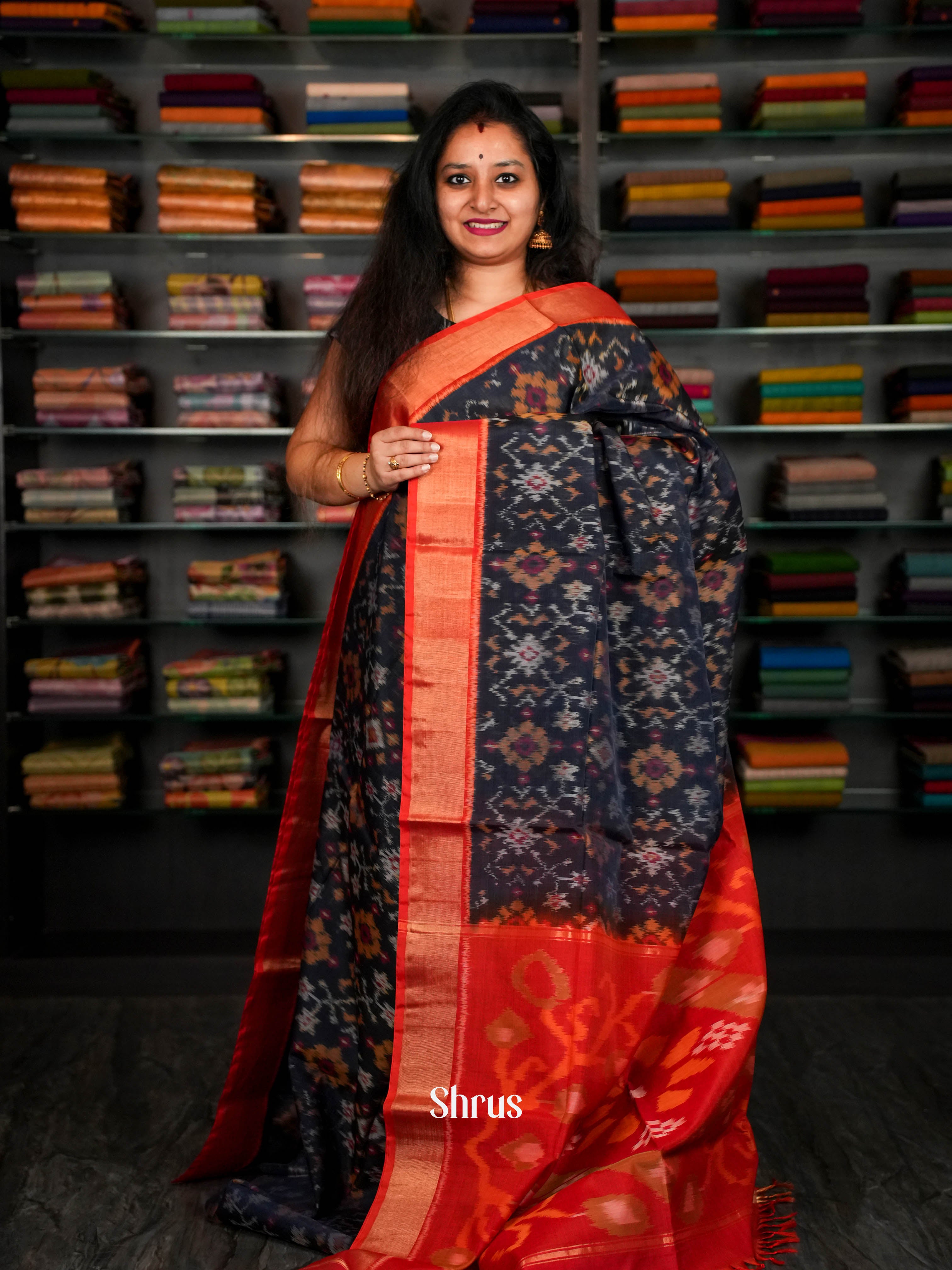 Dark Blue & Red  - Pochampally sico Saree