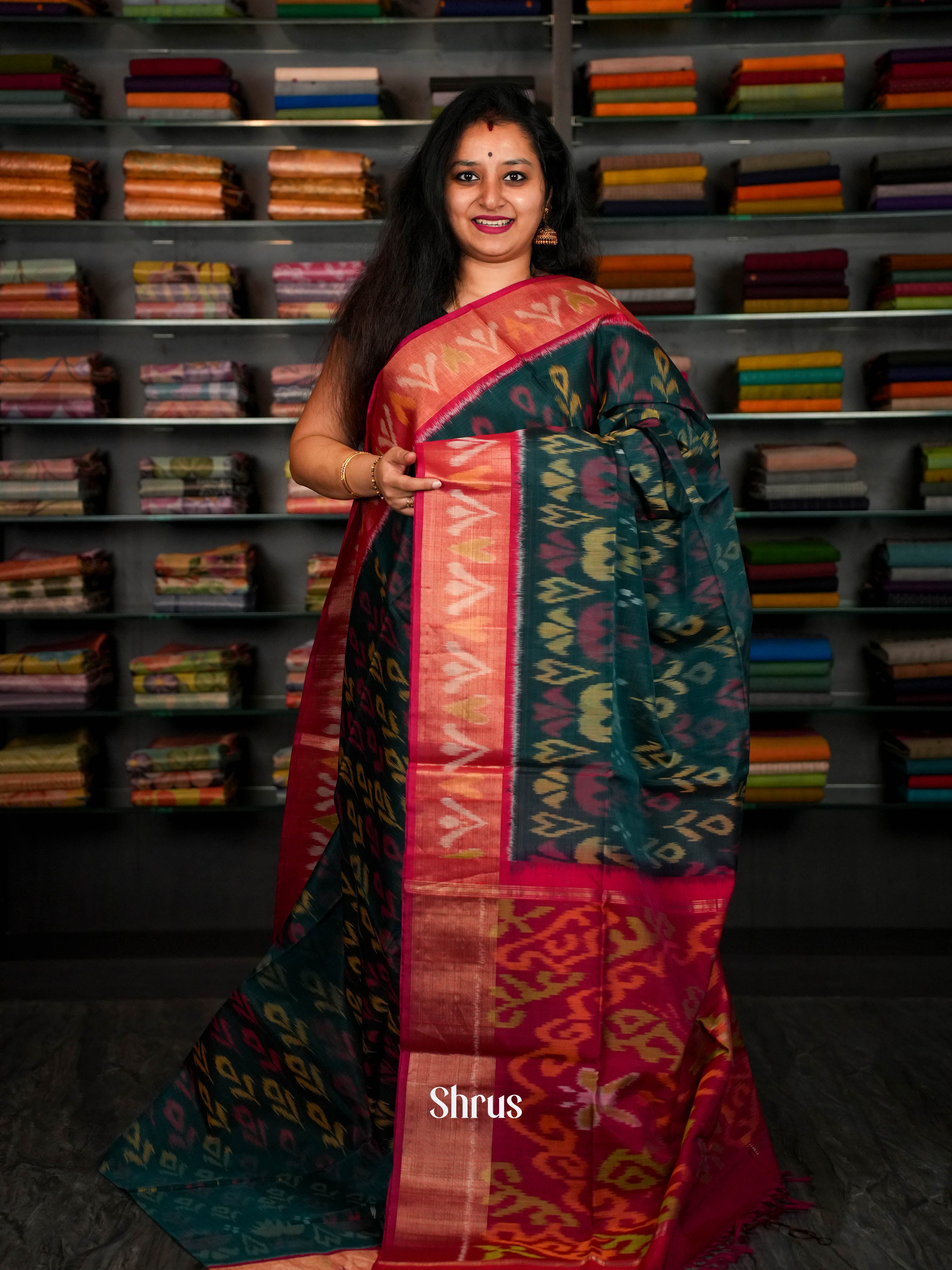 Rosy Red & Green  - Pochampally sico Saree