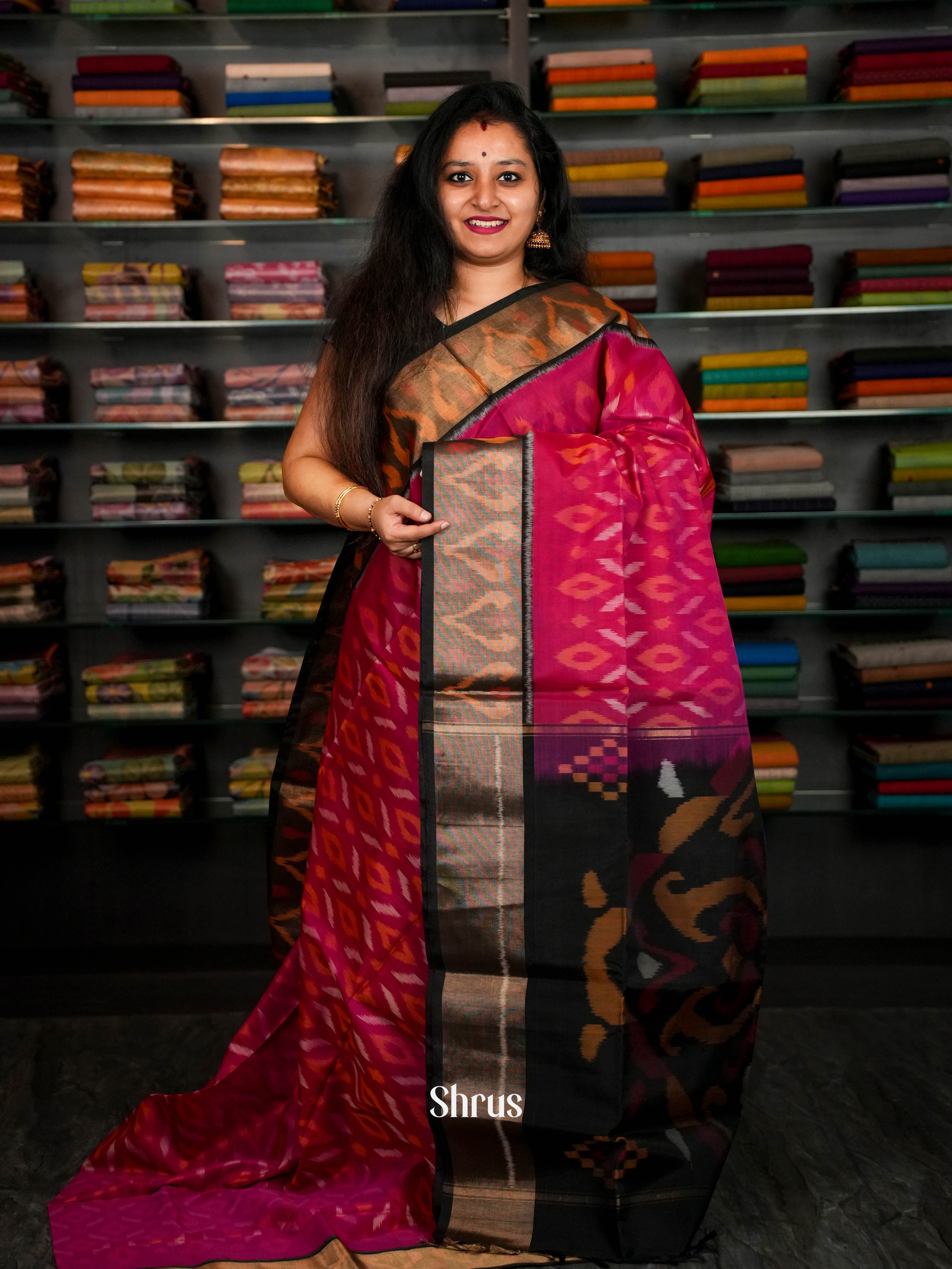 Pink & Black - Pochampally sico Saree