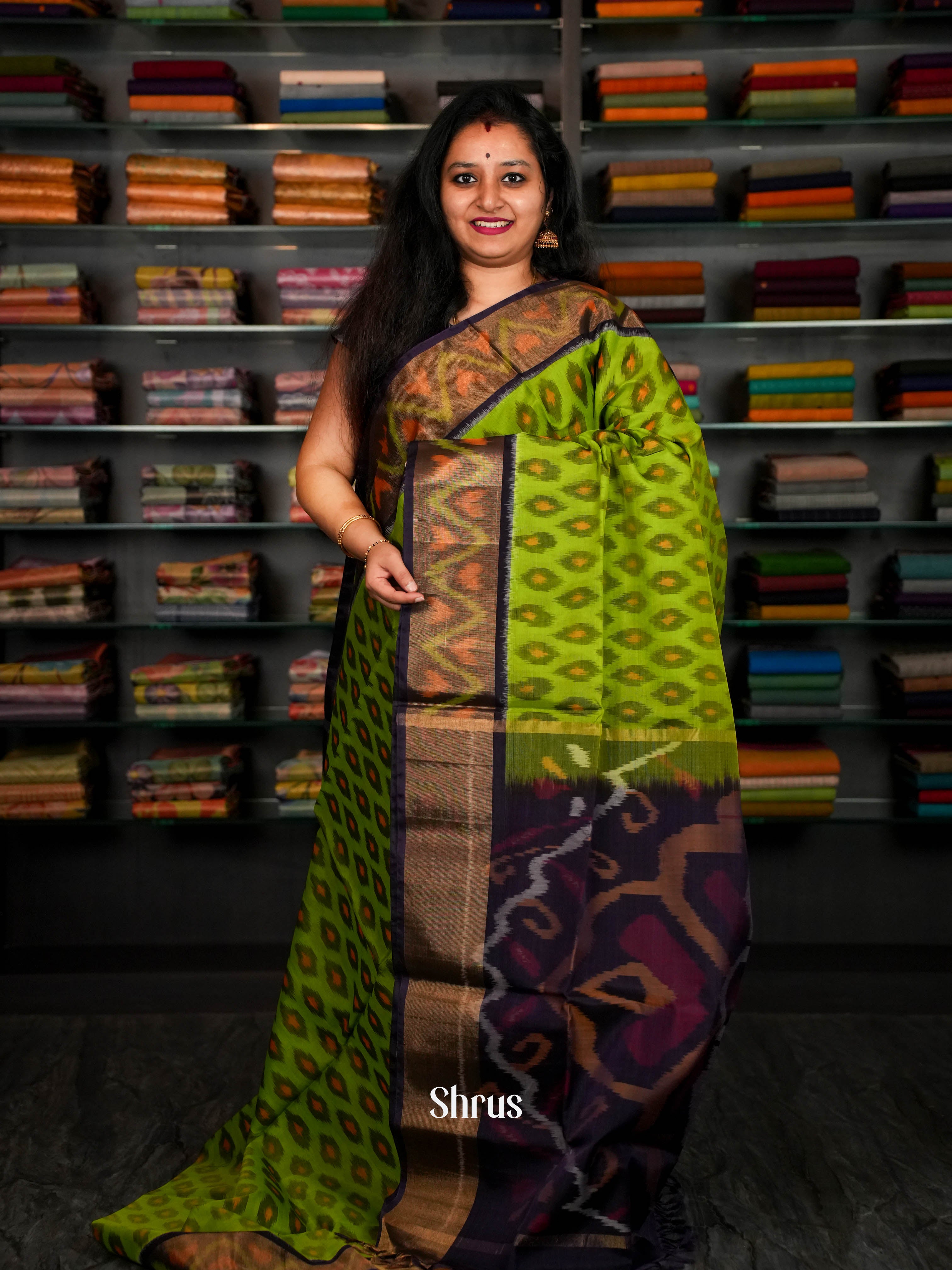 Green & Deep Violet  - Pochampally sico Saree