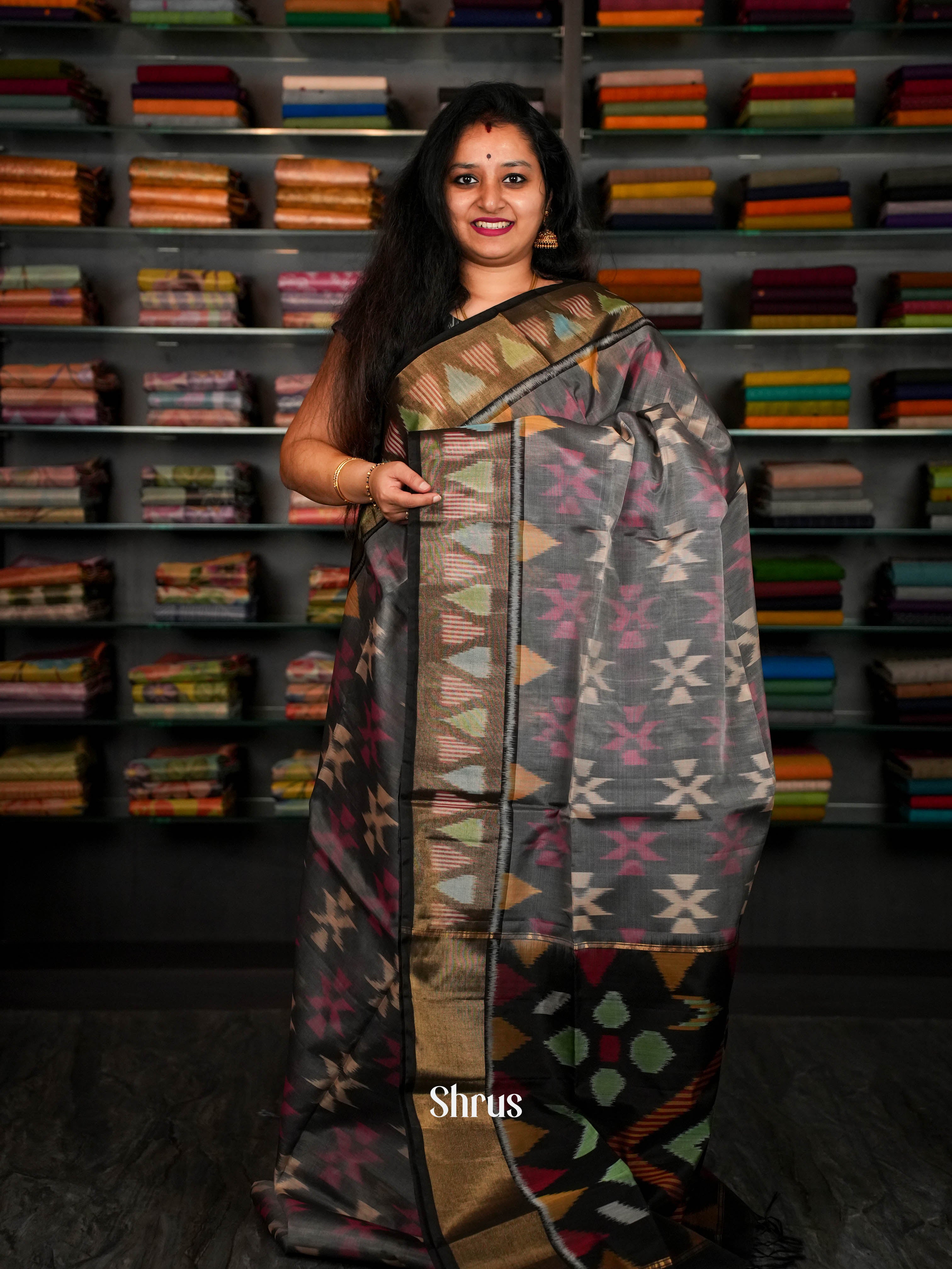 Grey & Black  - Pochampally sico Saree