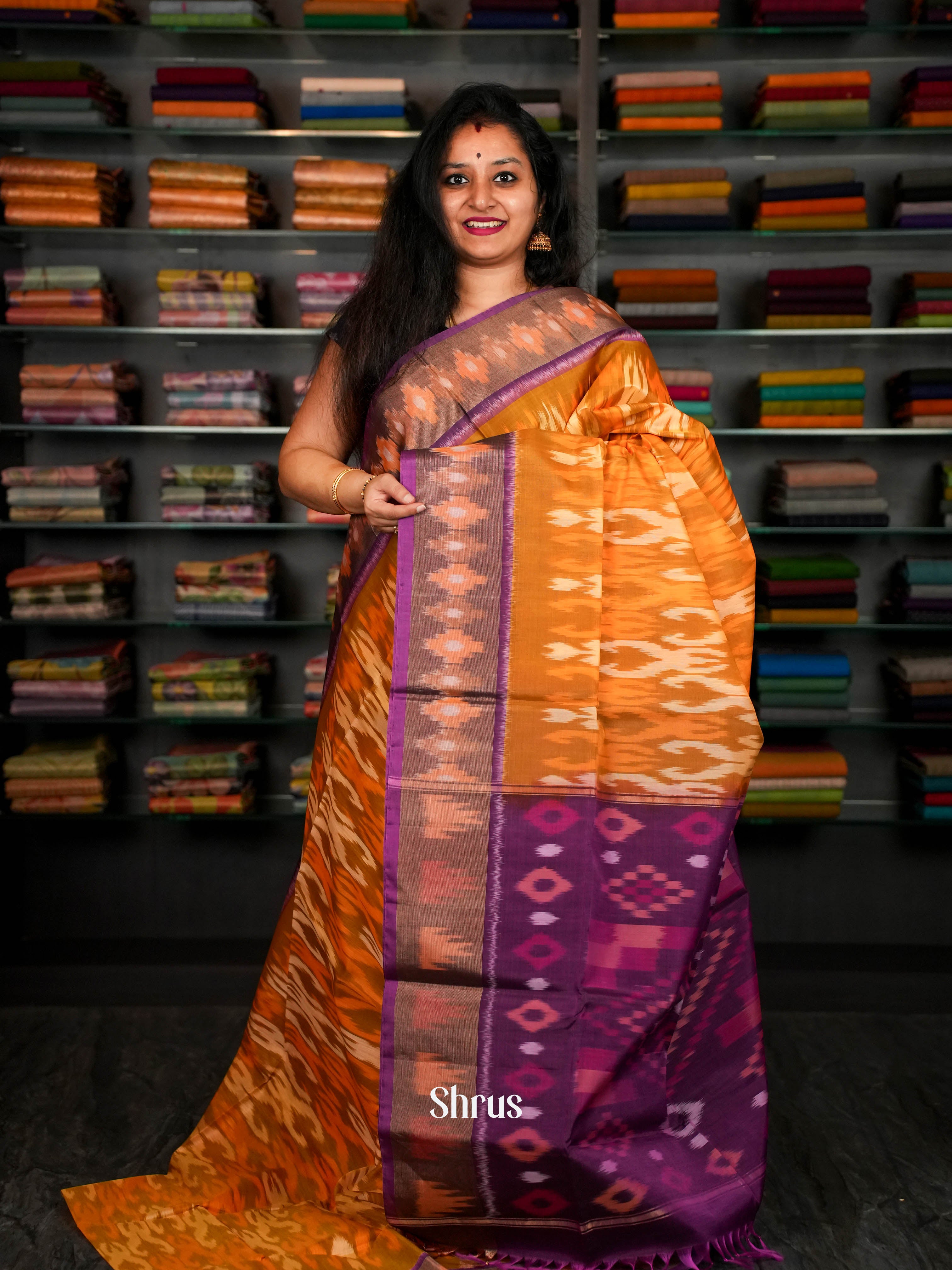 Golden Orange & Purple   - Pochampally sico Saree