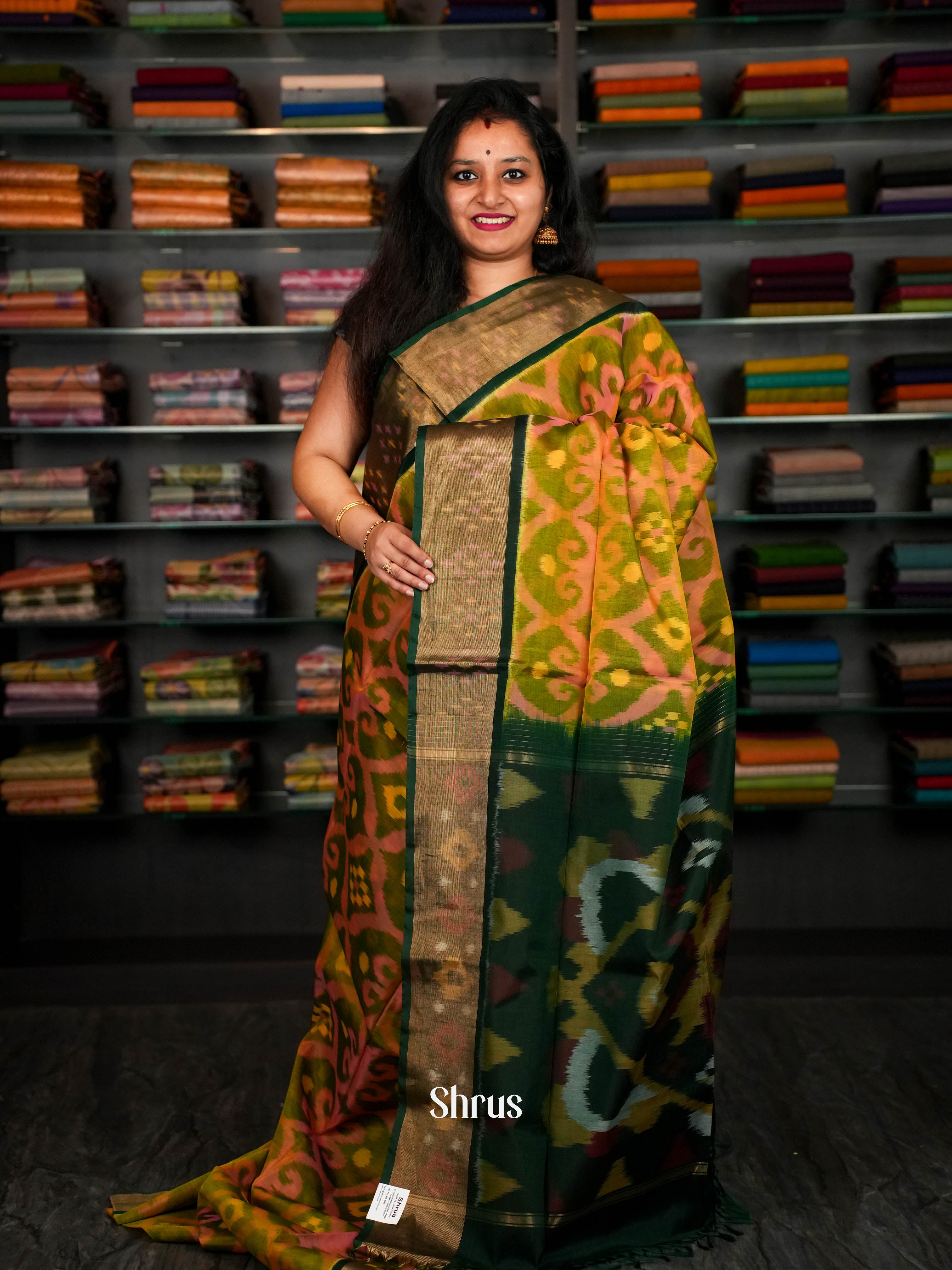 Dark Green & Peachy Pink  - Pochampally sico Saree