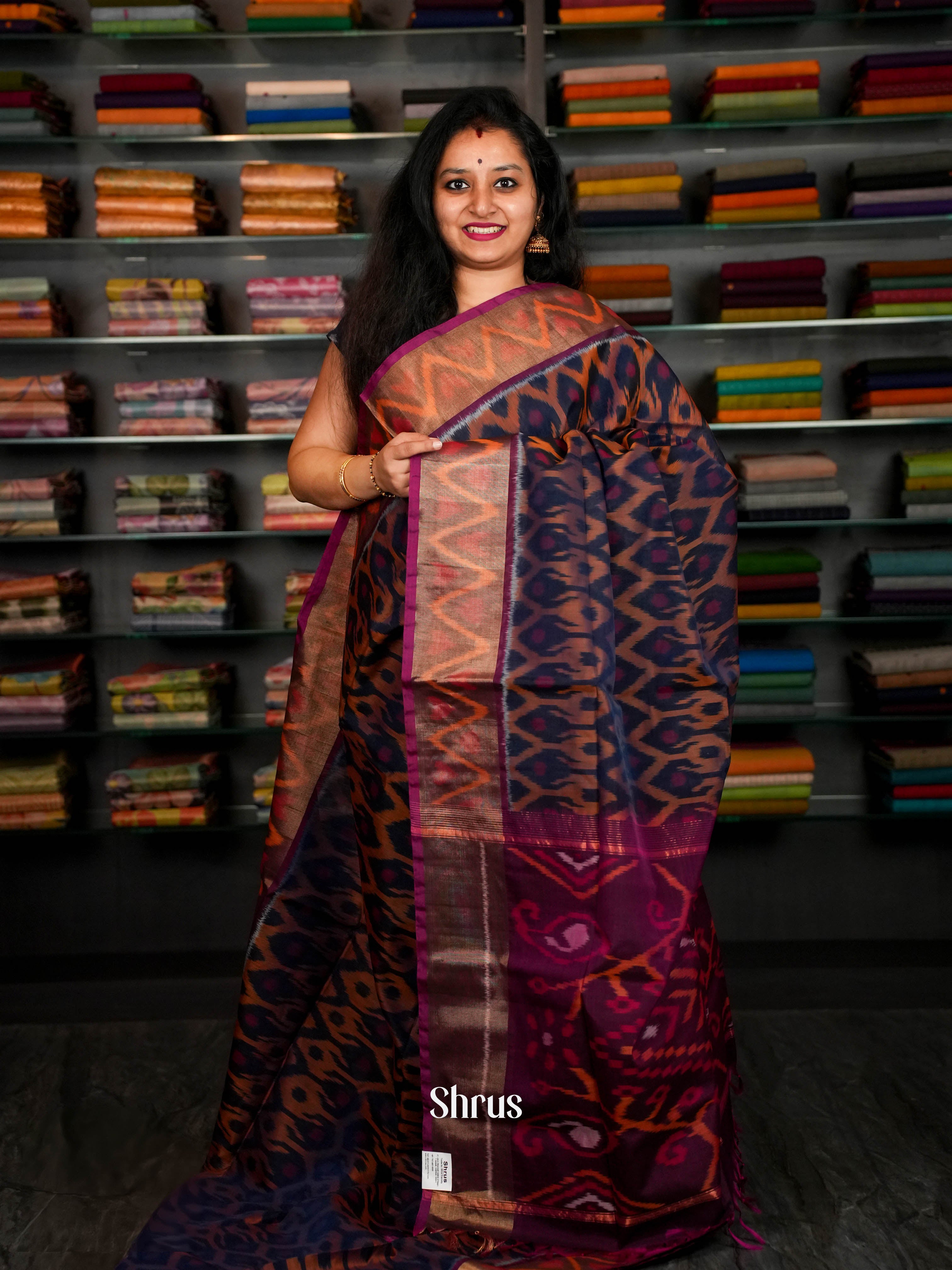 Navy Blue & Pink  - Pochampally sico Saree