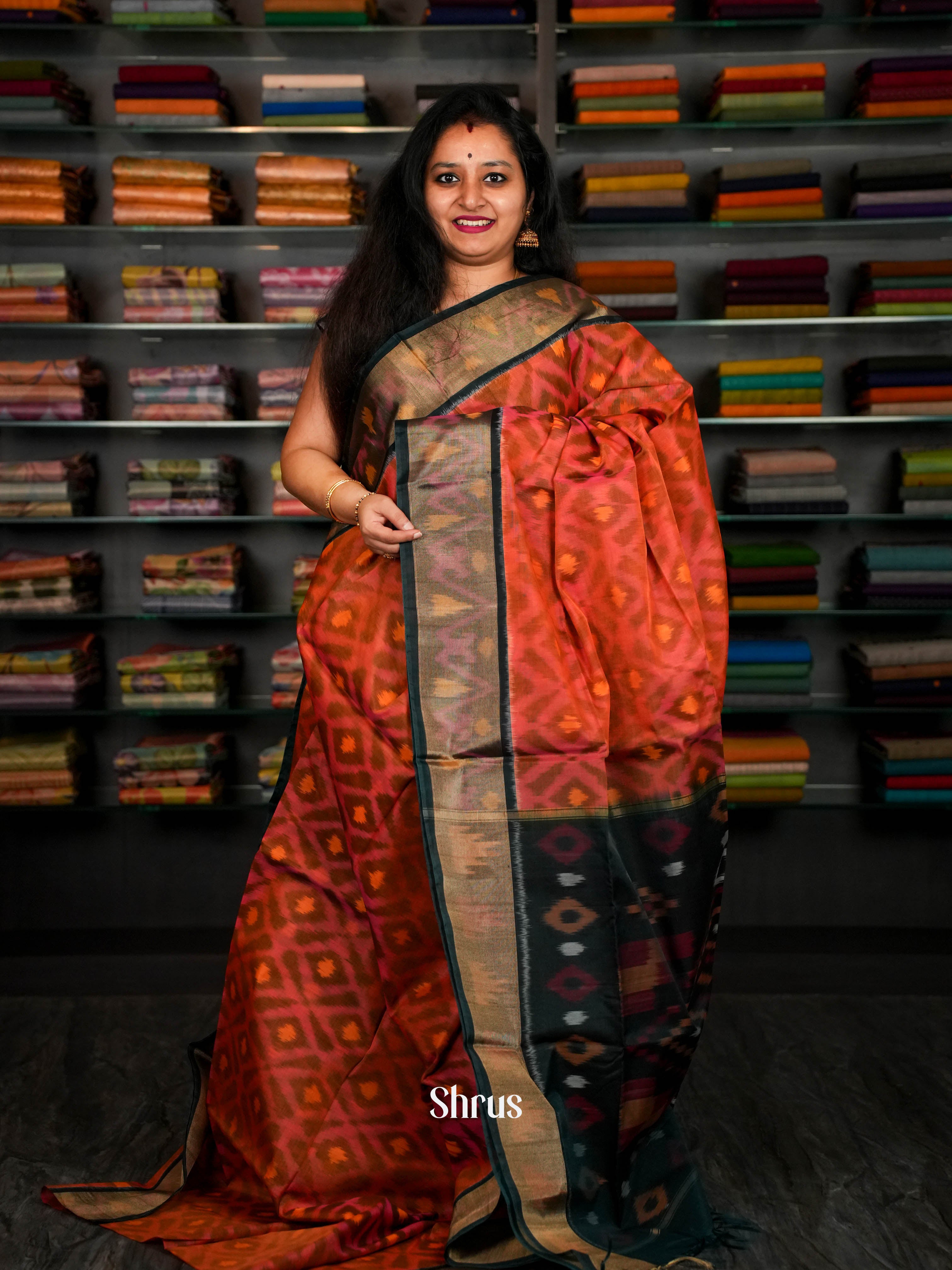 Peachy Orange & Dark Green - Pochampally sico Saree