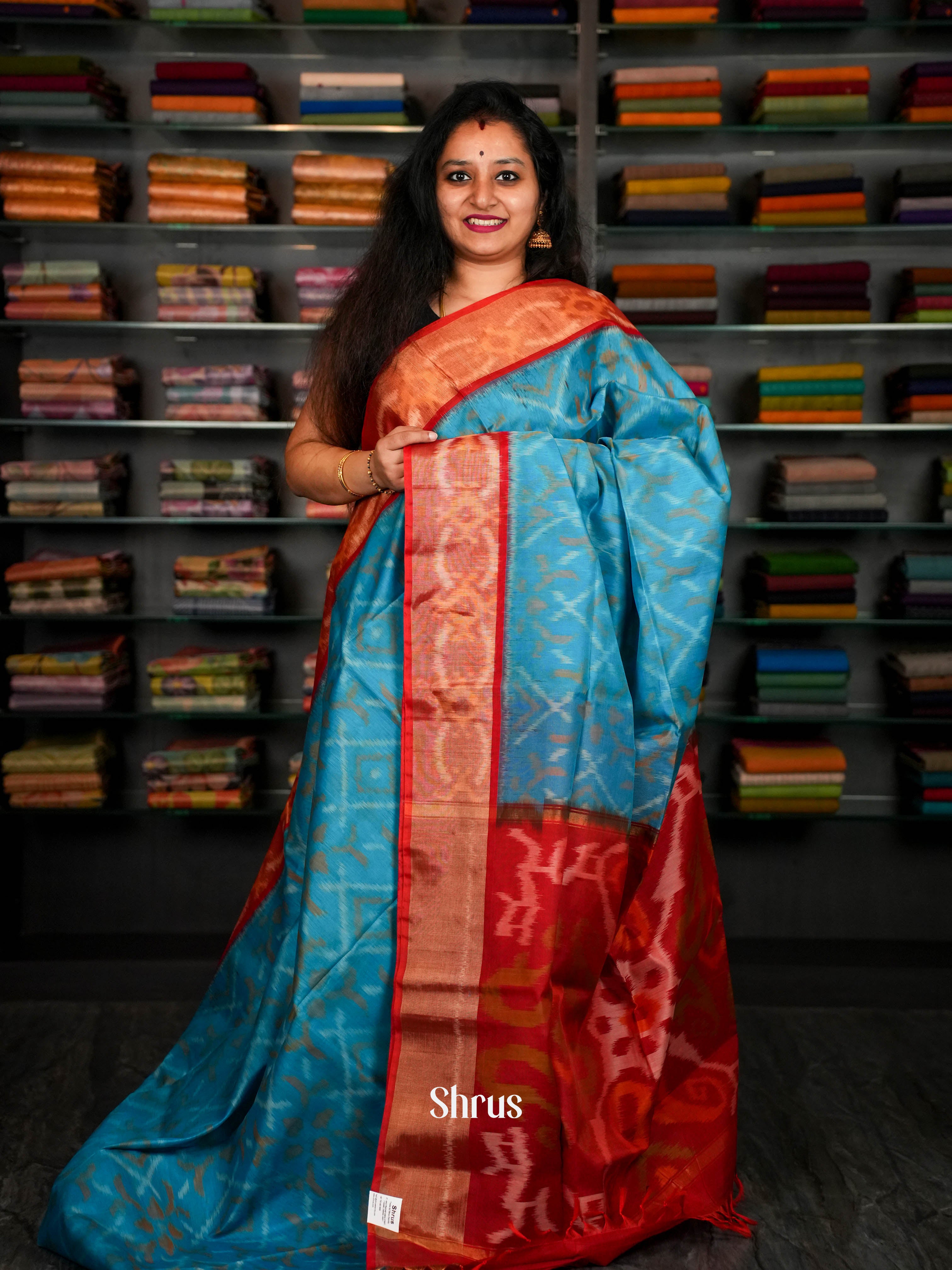 Aqua Blue & Red  - Pochampally sico Saree