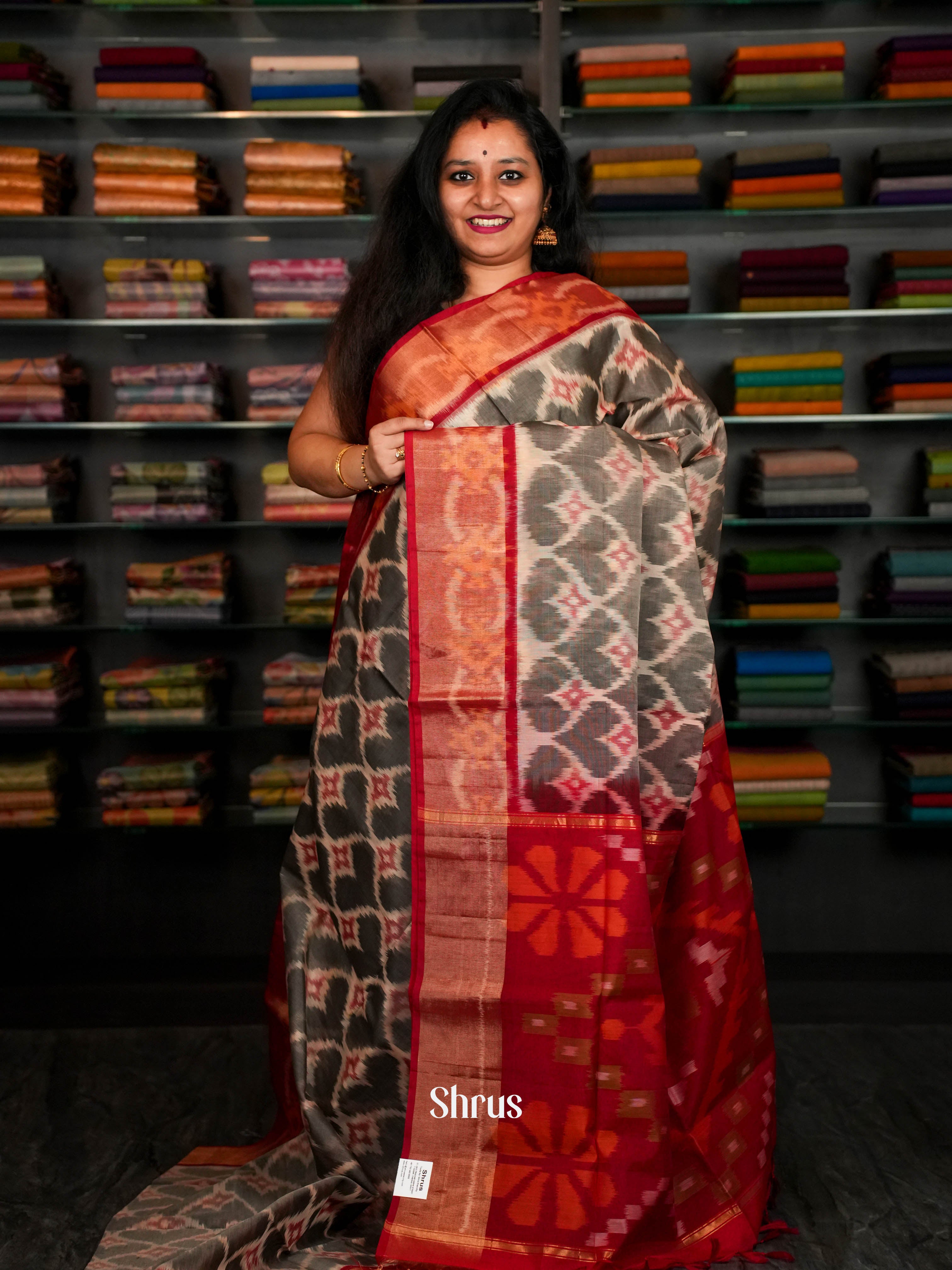 Grey & Red  - Pochampally sico Saree