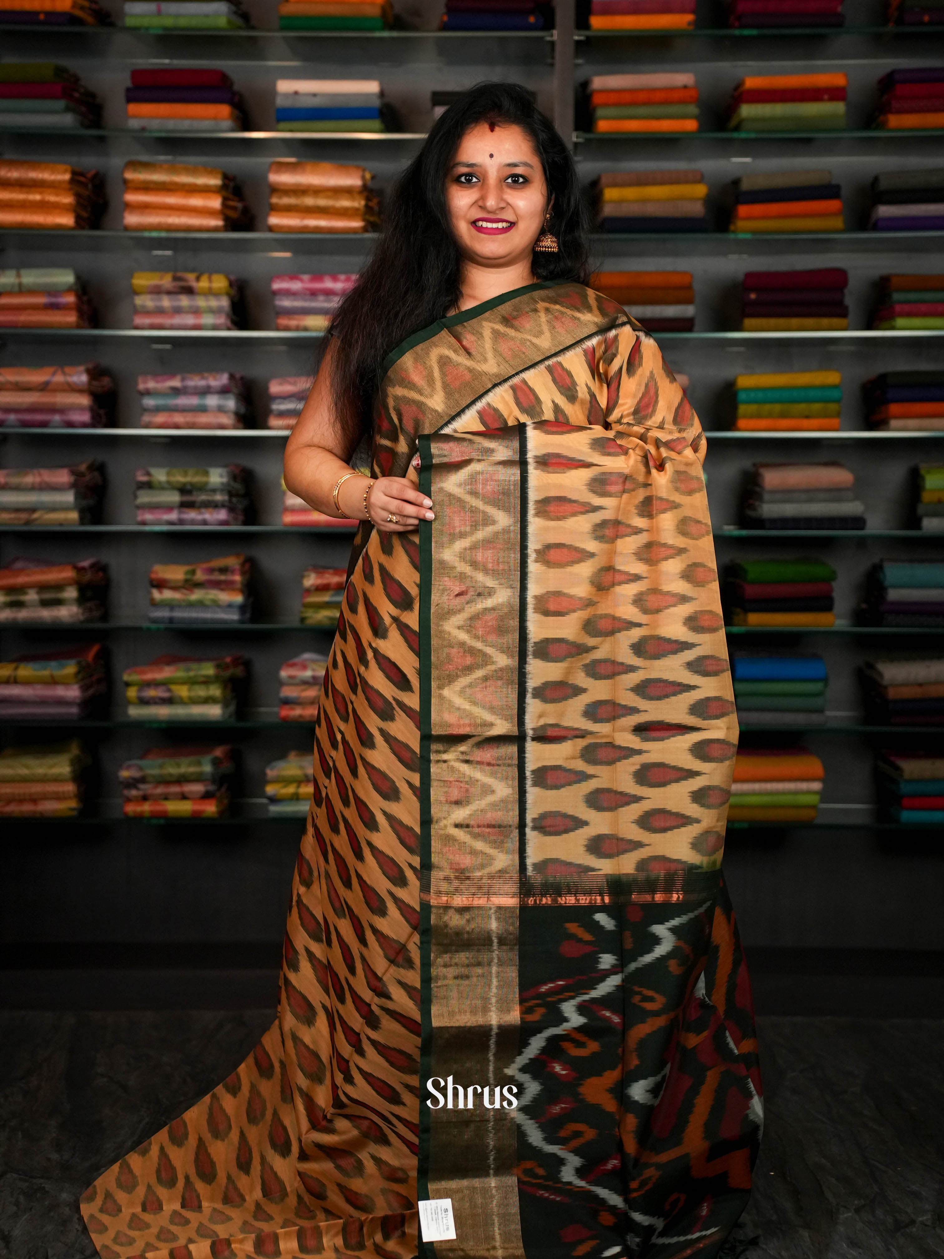 Cream & Forest Green - Pochampally sico Saree