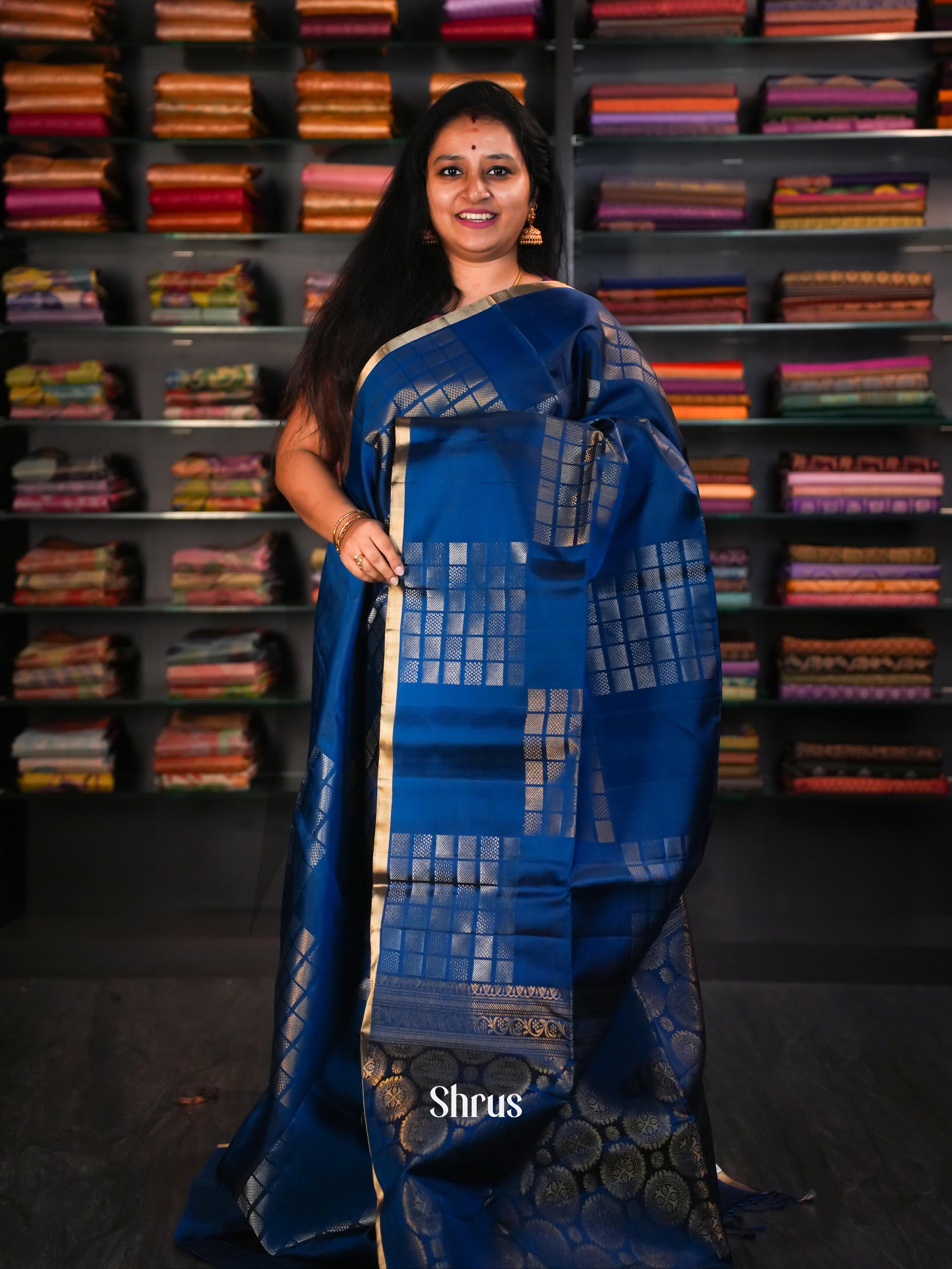 Peacock Blue & Rosy Red - Soft Silk Saree