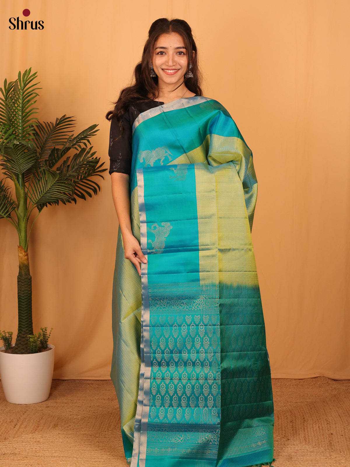 Fancy Blue & Greenish Yellow - Soft Silk Saree