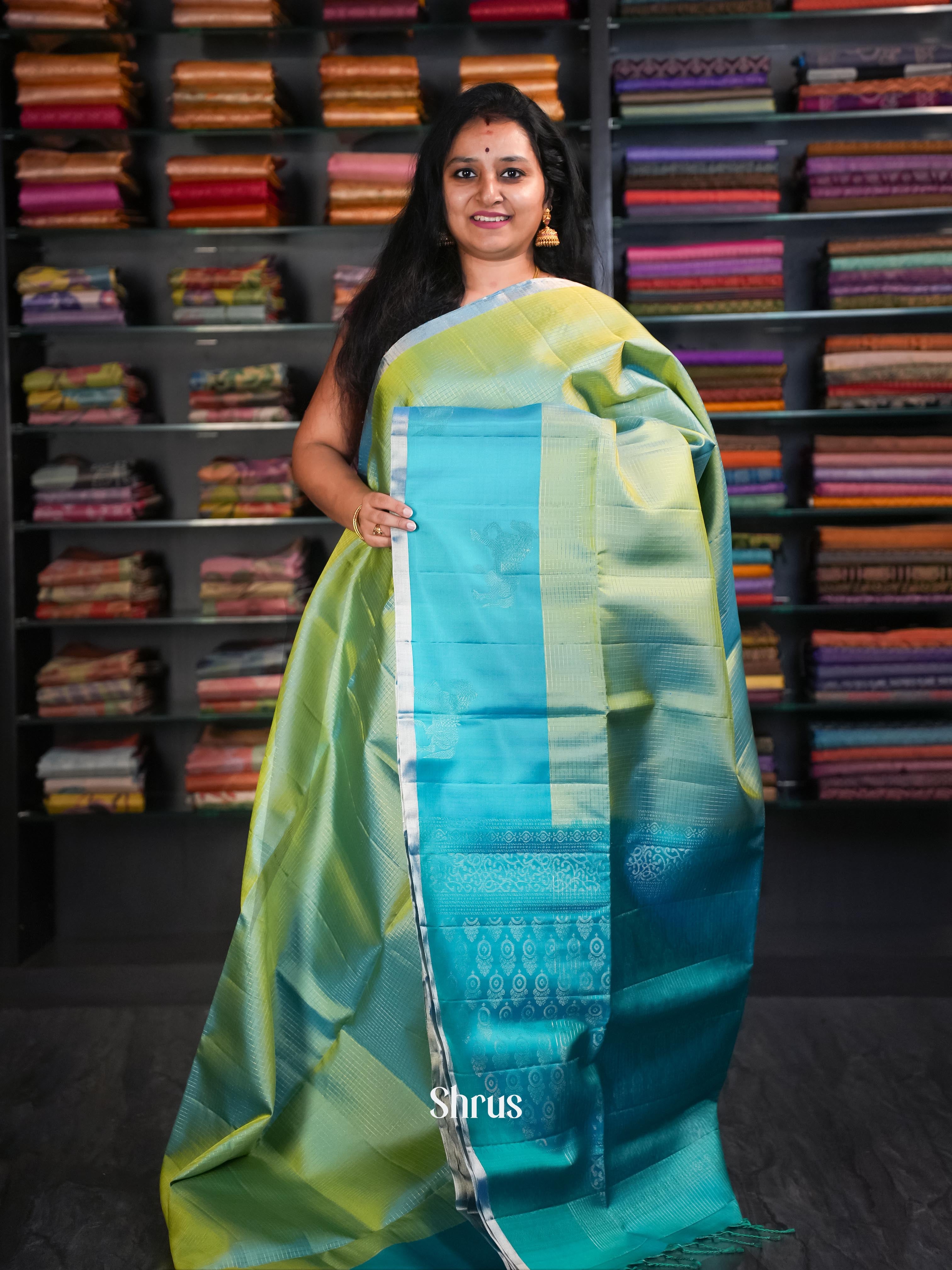 Fancy Blue & Greenish Yellow - Soft Silk Saree