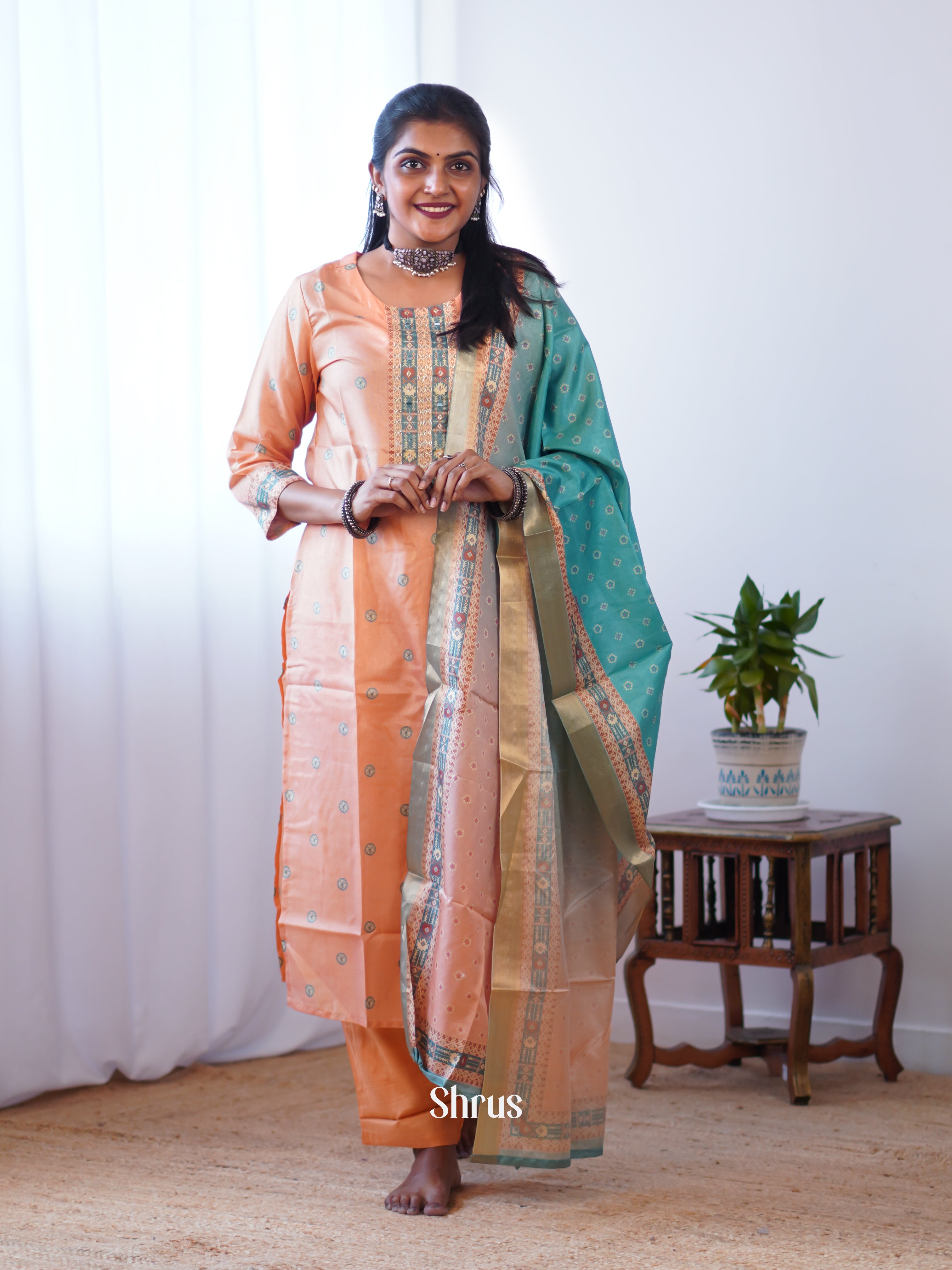 Peach & Teal- Silk embroidered 3pc Readymade Suits