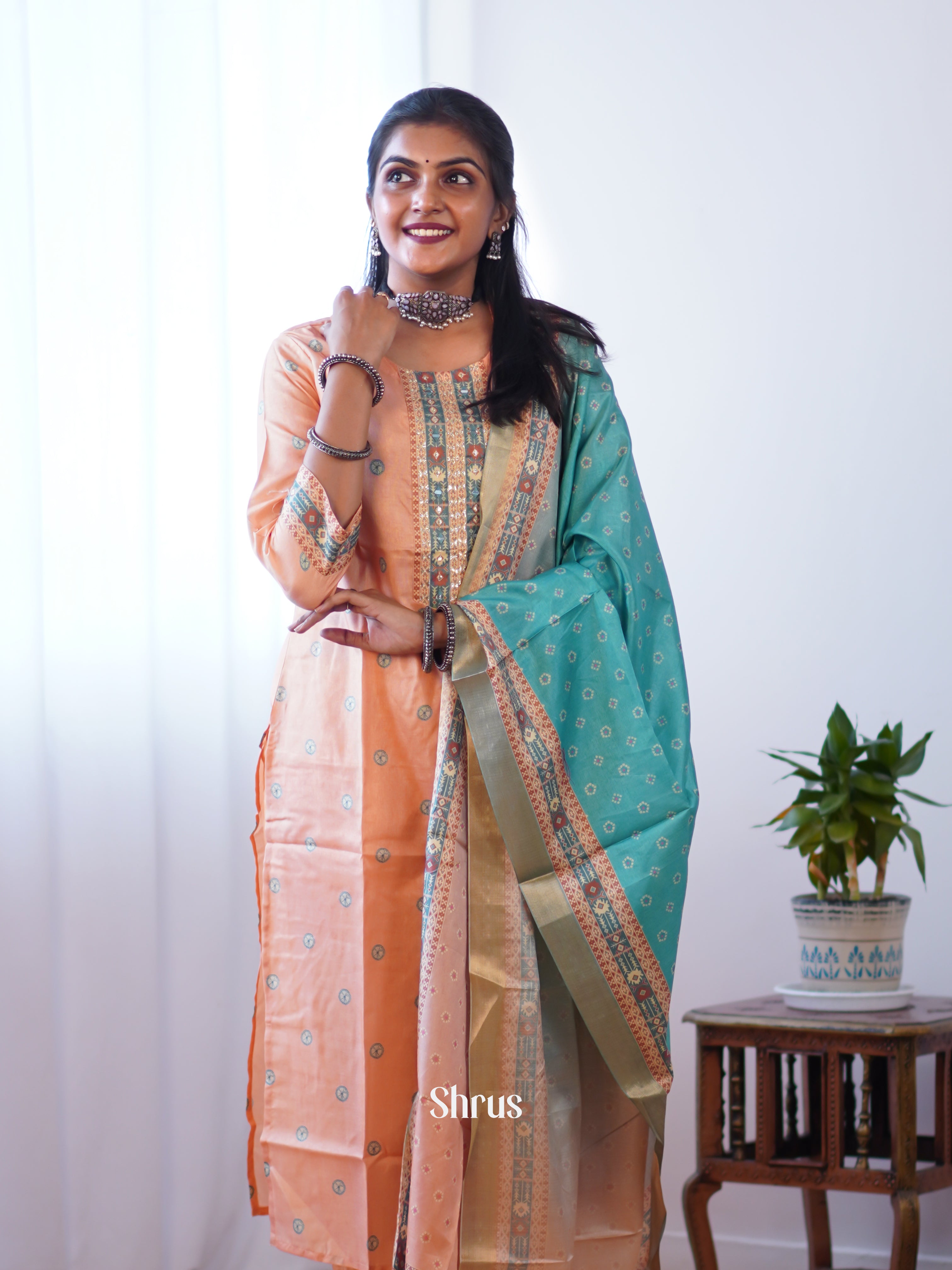 Peach & Teal- Silk embroidered 3pc Readymade Suits