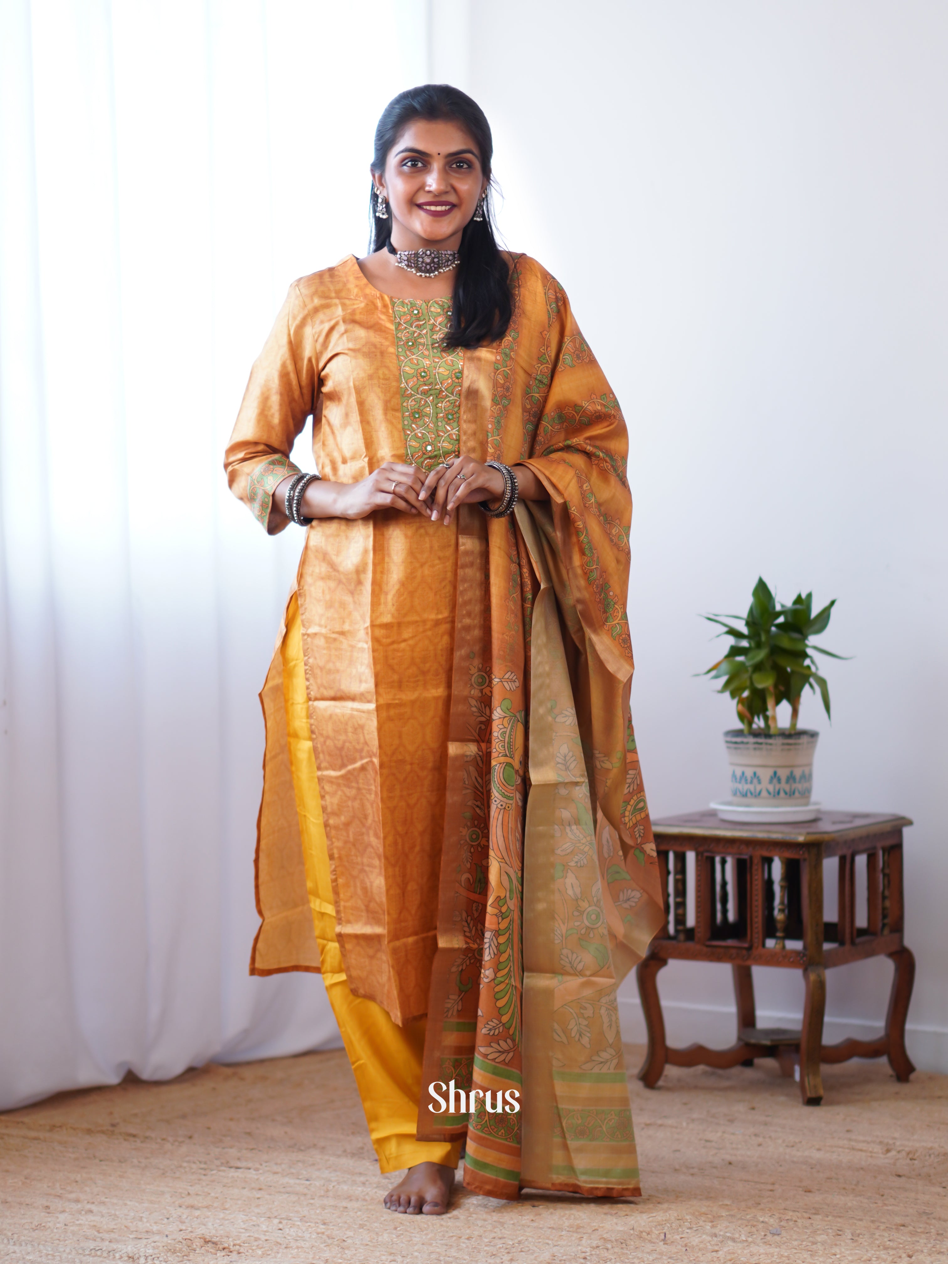 Brown & Yellow - 3 pc  Readymade Suits