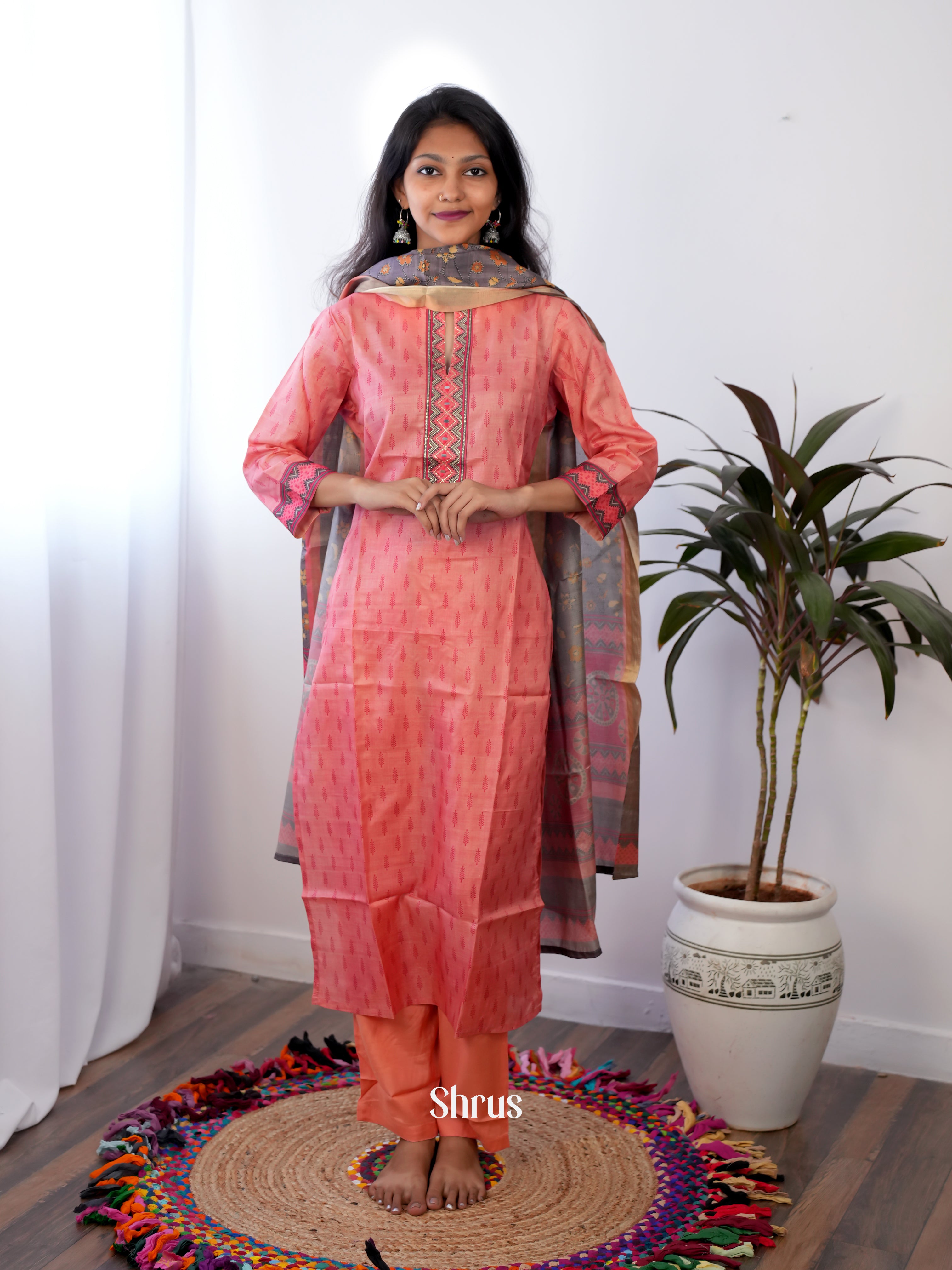 Peachish Pink  & Grey- 3pc Readymade Suits