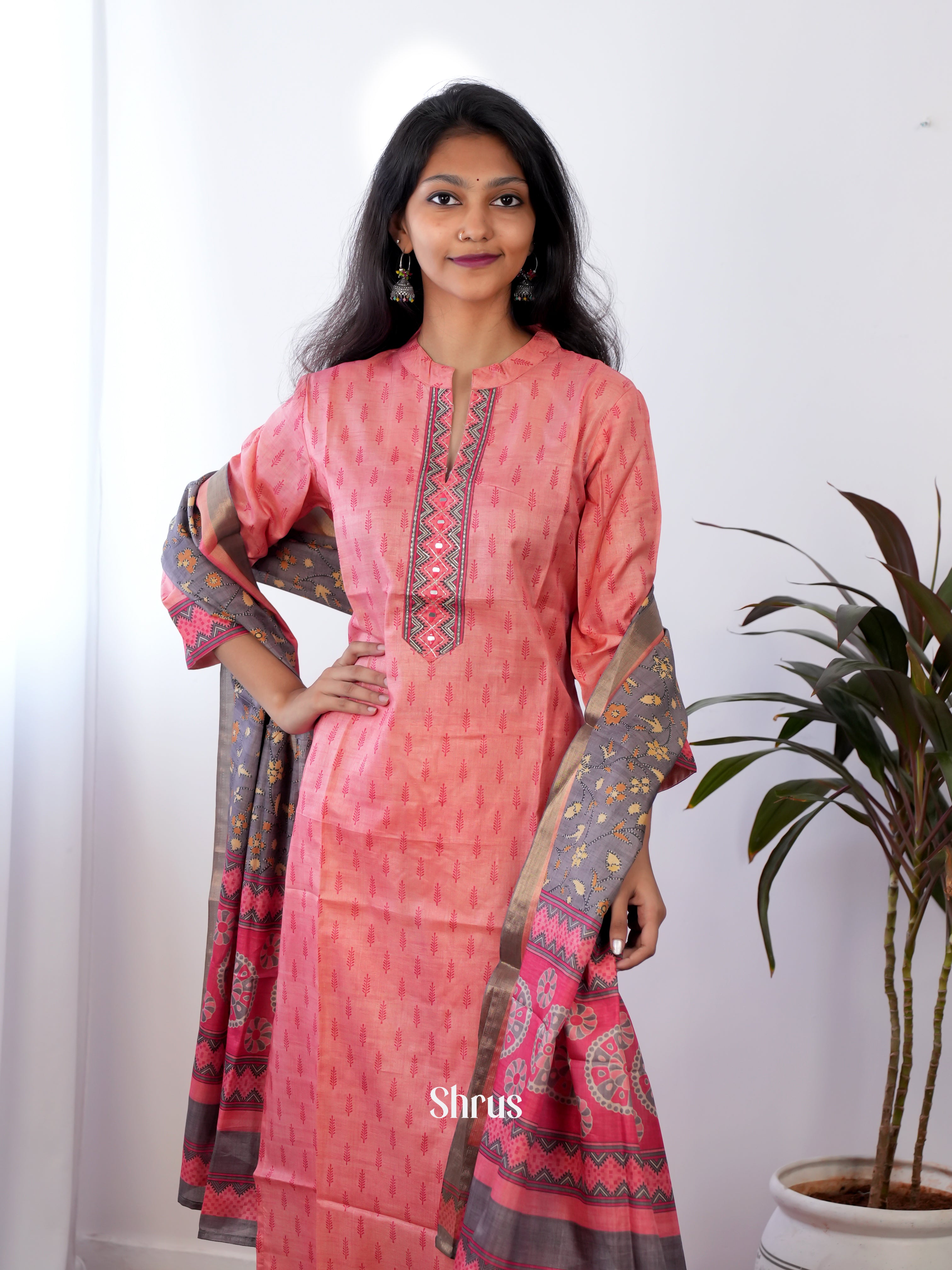 Peachish Pink  & Grey- 3pc Readymade Suits