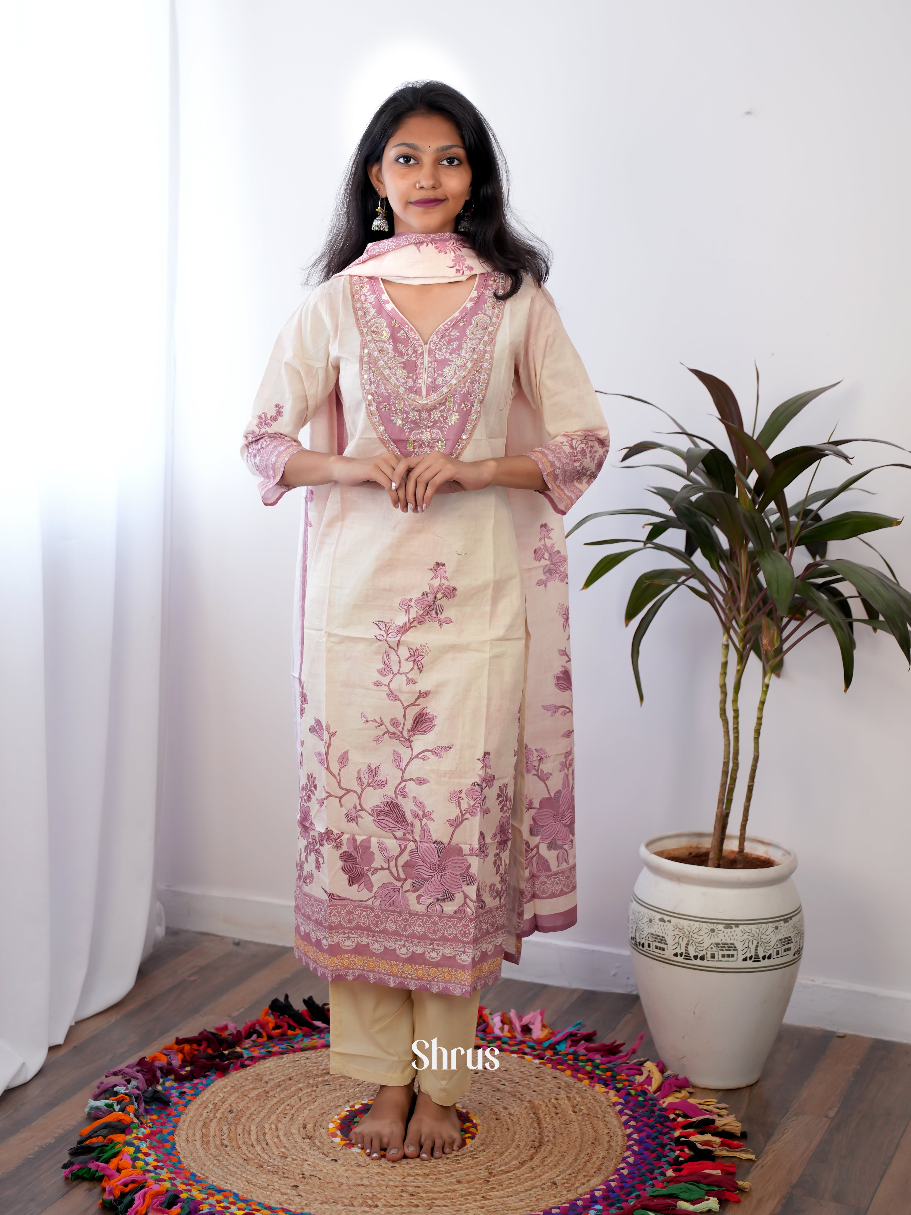 Cream & Purple -3pc  Readymade Suits