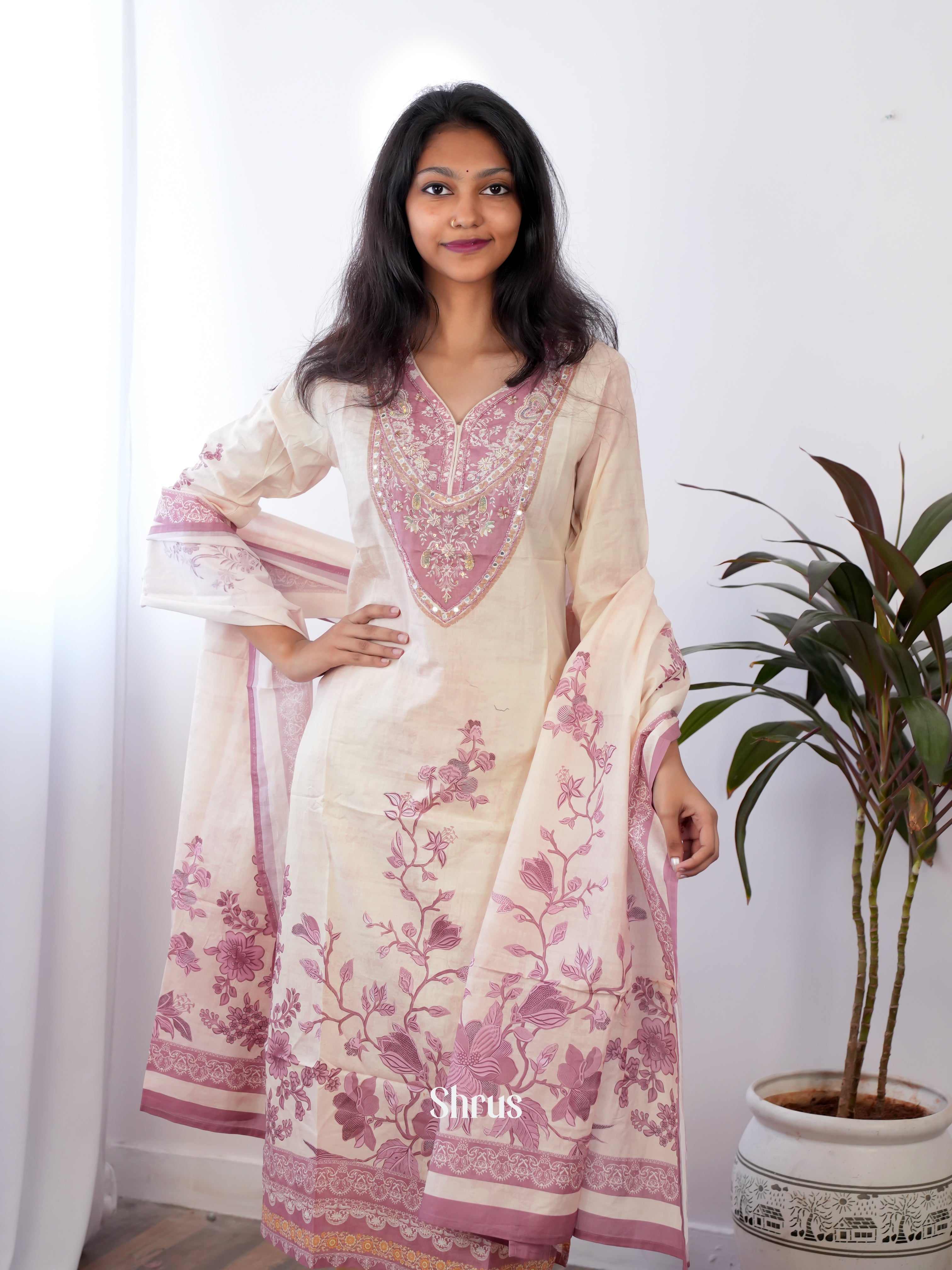 Cream & Purple -3pc  Readymade Suits