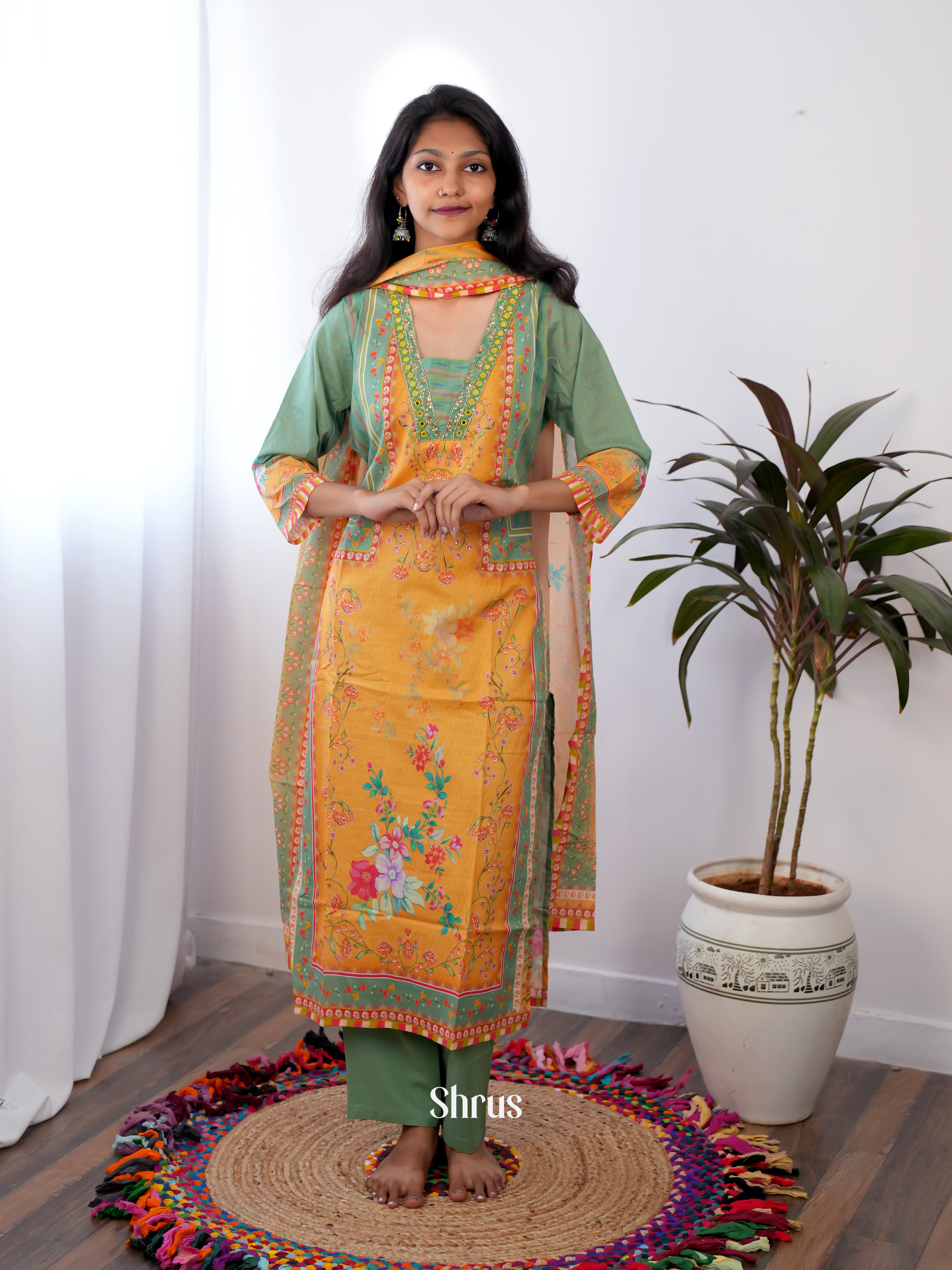 Green & Orange - 3pc Readymade Suits