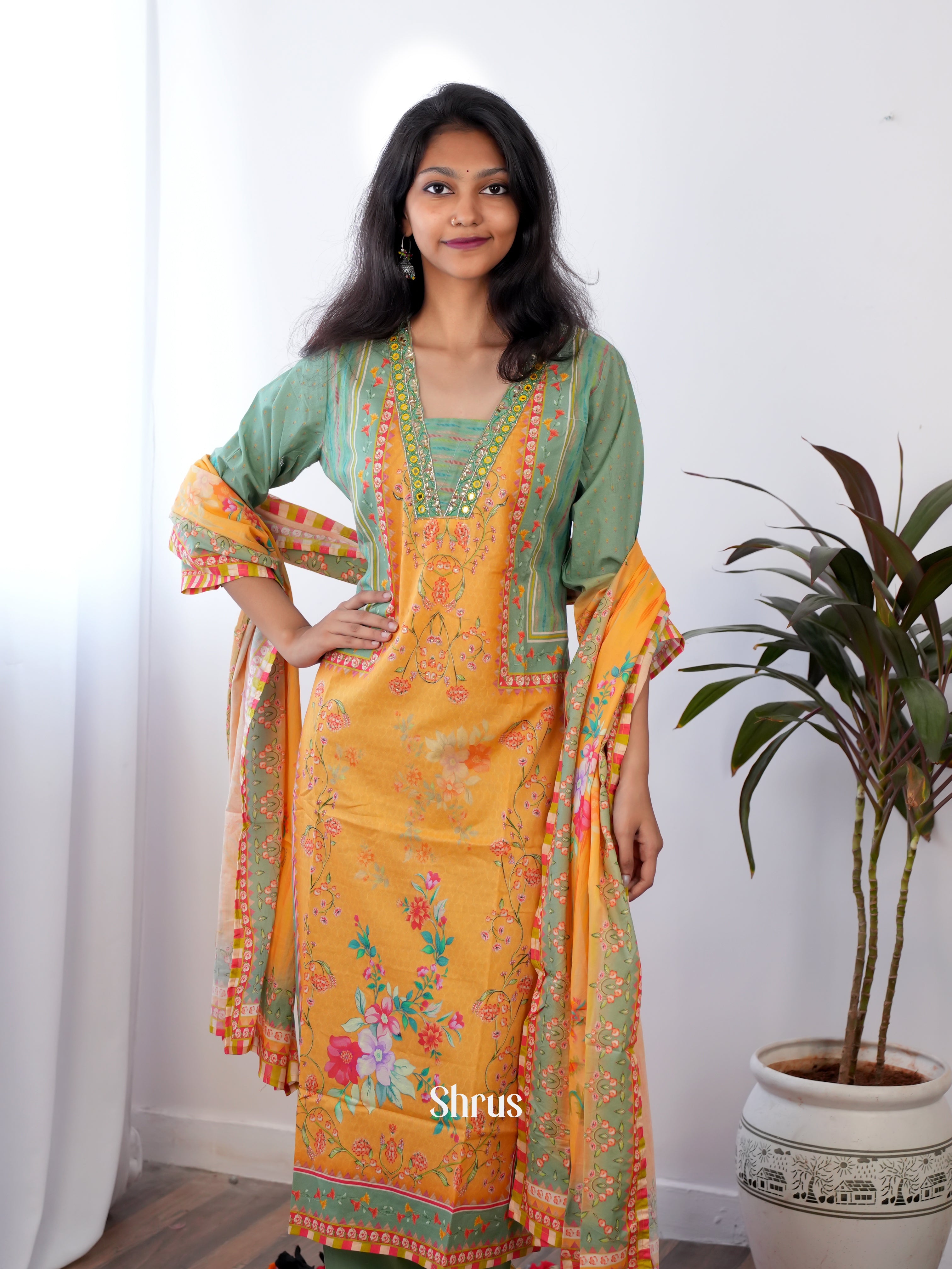 Green & Orange - 3pc Readymade Suits