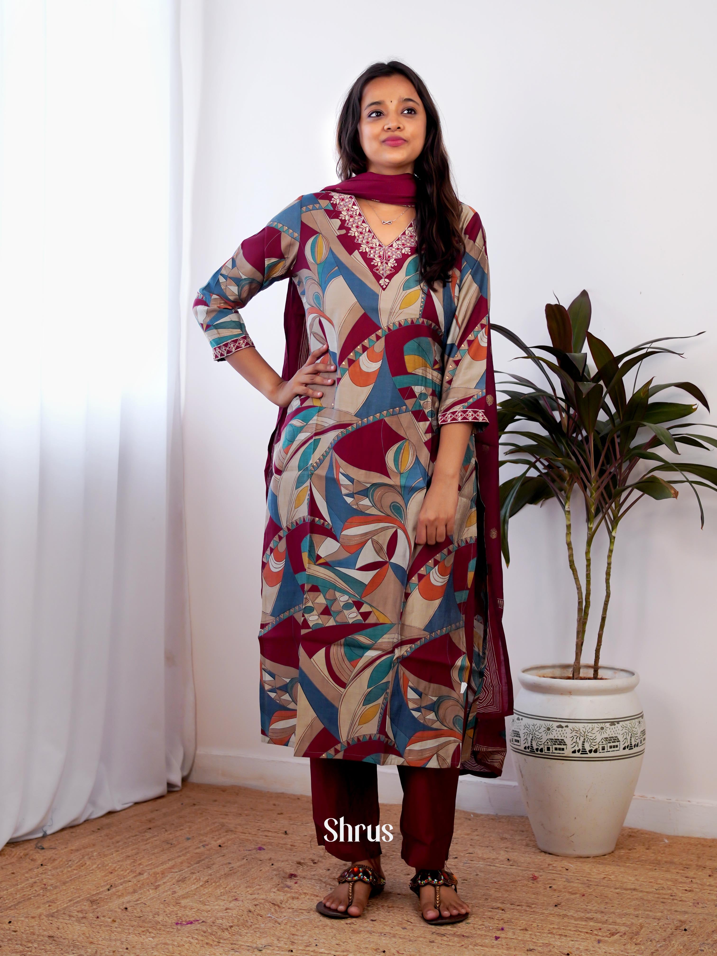 Grey & Maroon -3pc  Readymade Suits