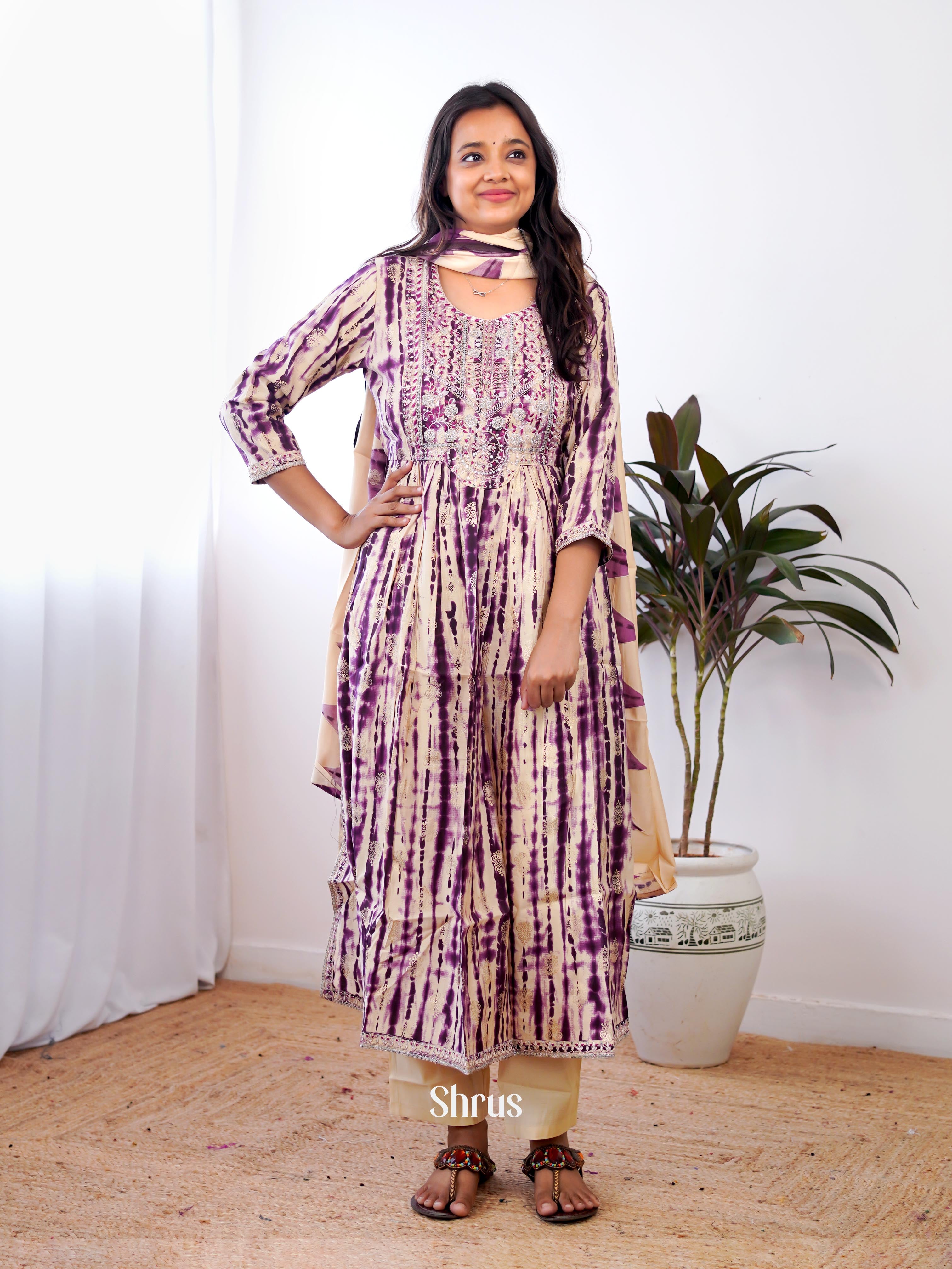 Cream & Purple - 3pc Readymade Suits