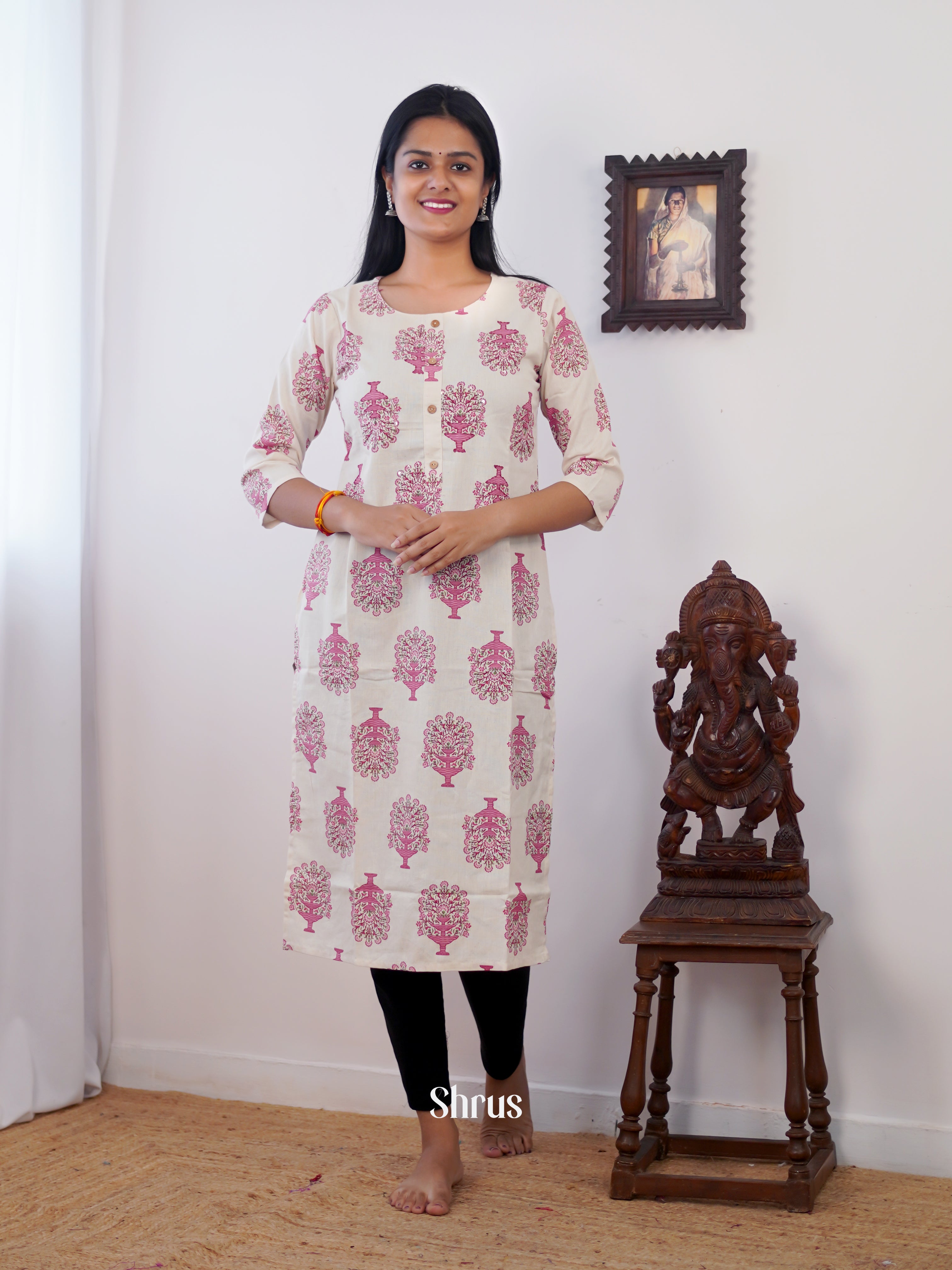 Cream & Pink  - Readymade Kurti