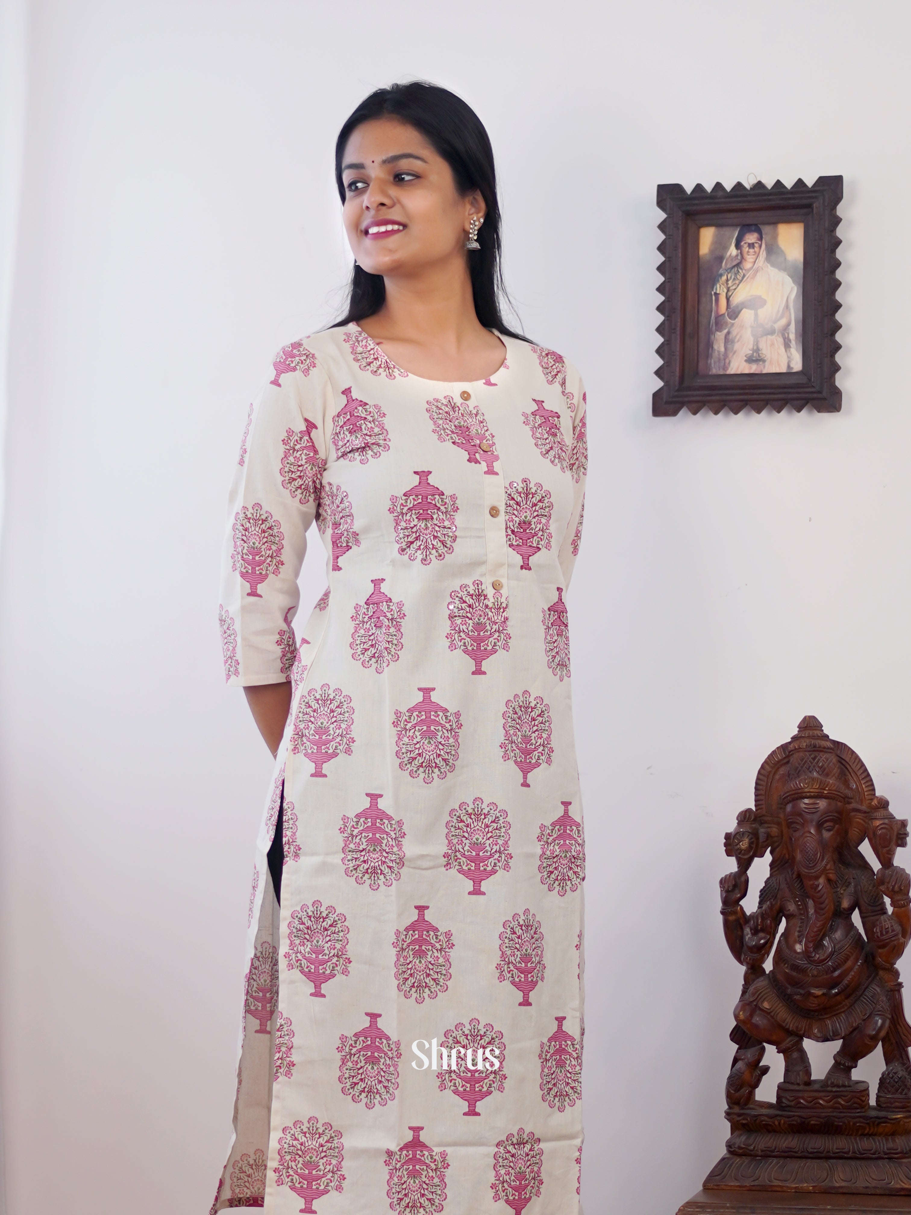 Cream & Pink  - Readymade Kurti