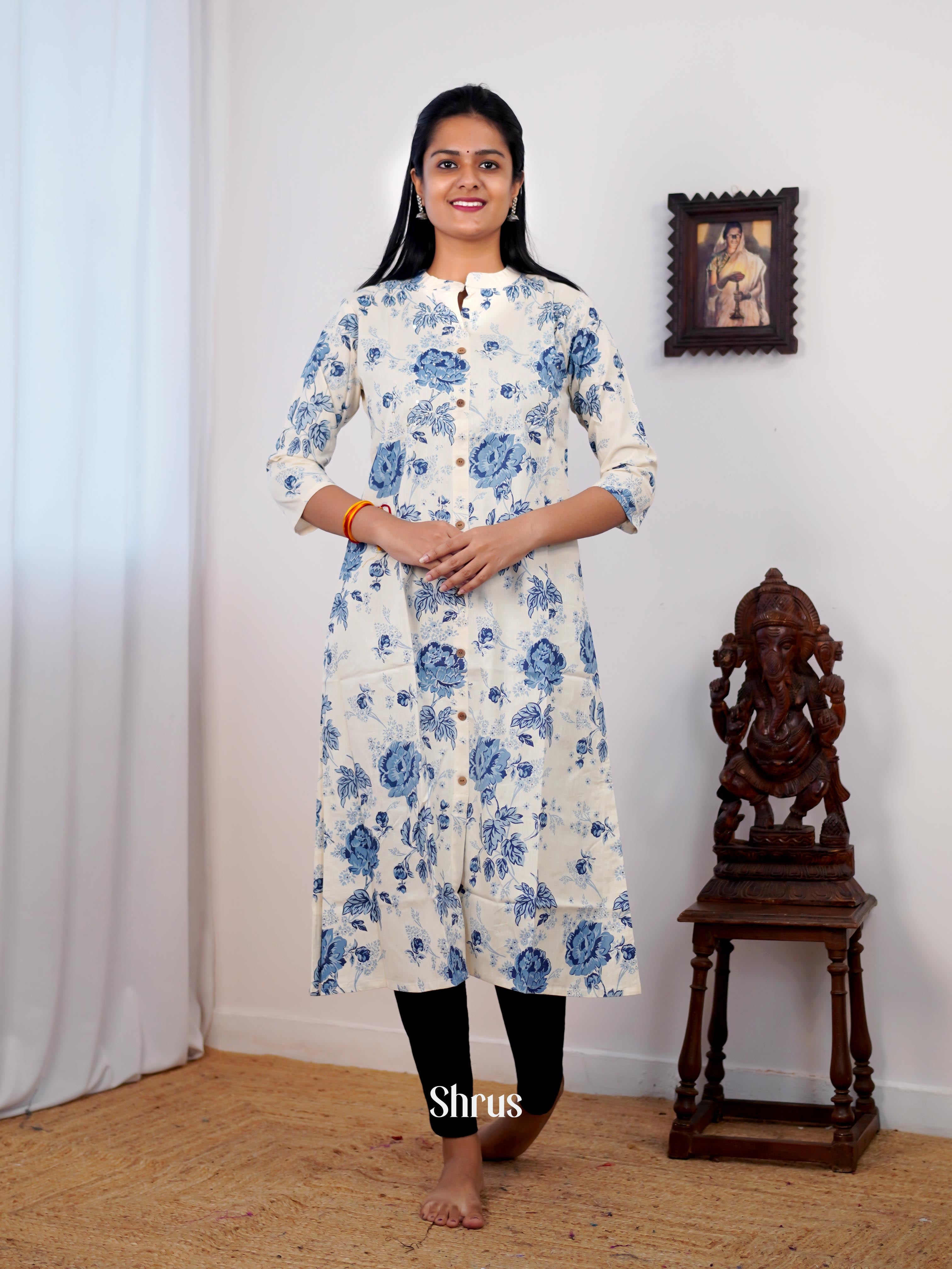 Cream & Blue  - Readymade Kurti