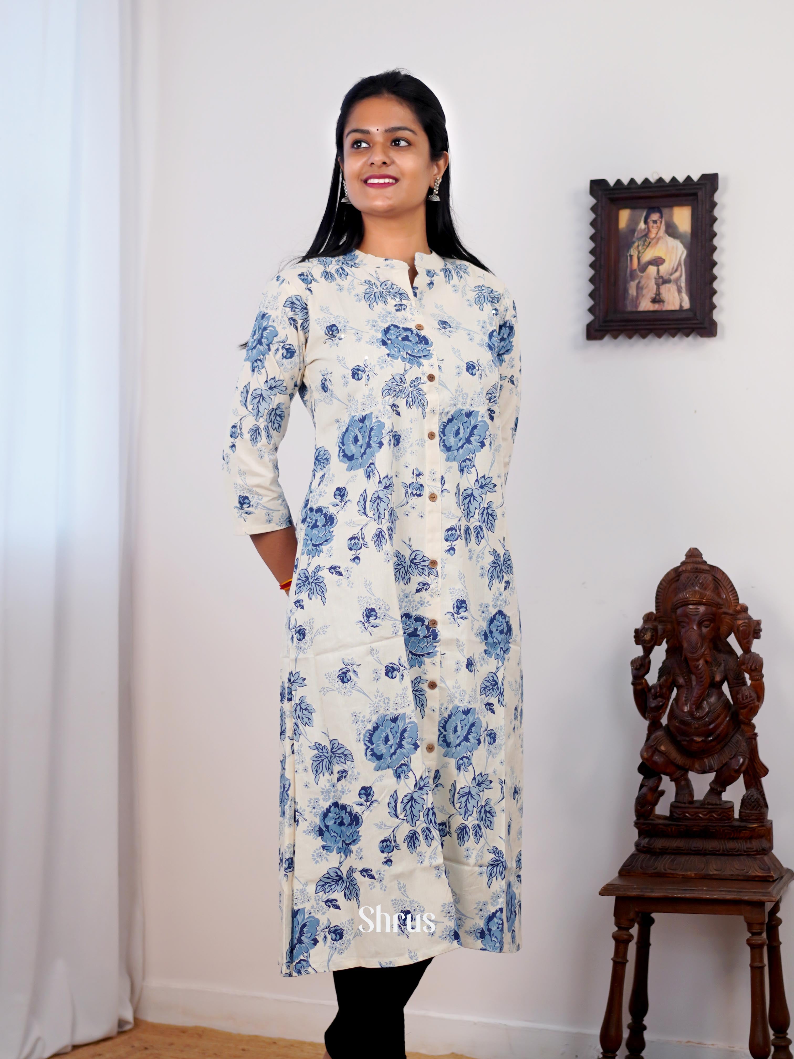 Cream & Blue  - Readymade Kurti