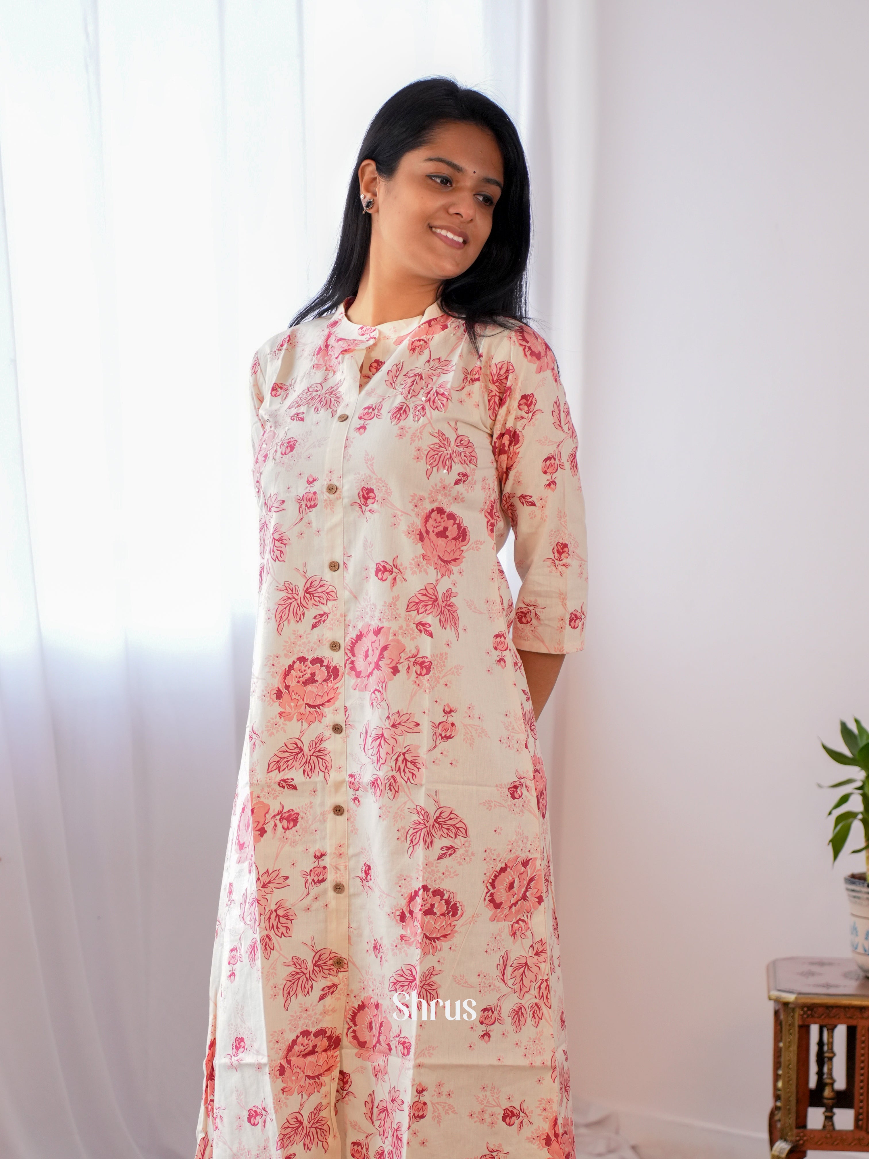 Cream & Red - Readymade Kurti