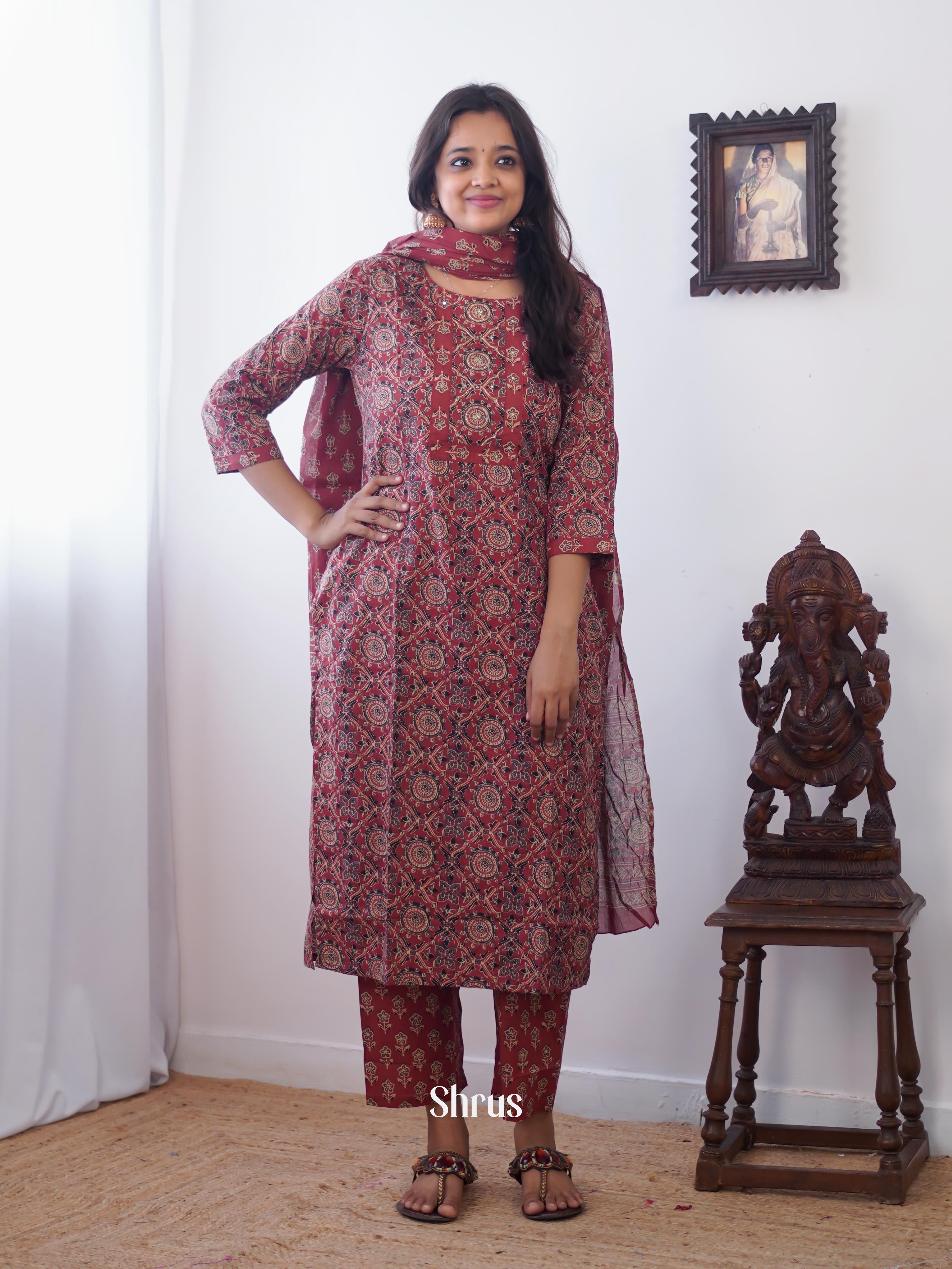 Maroon - 3pc ajrakh printed Readymade Suits