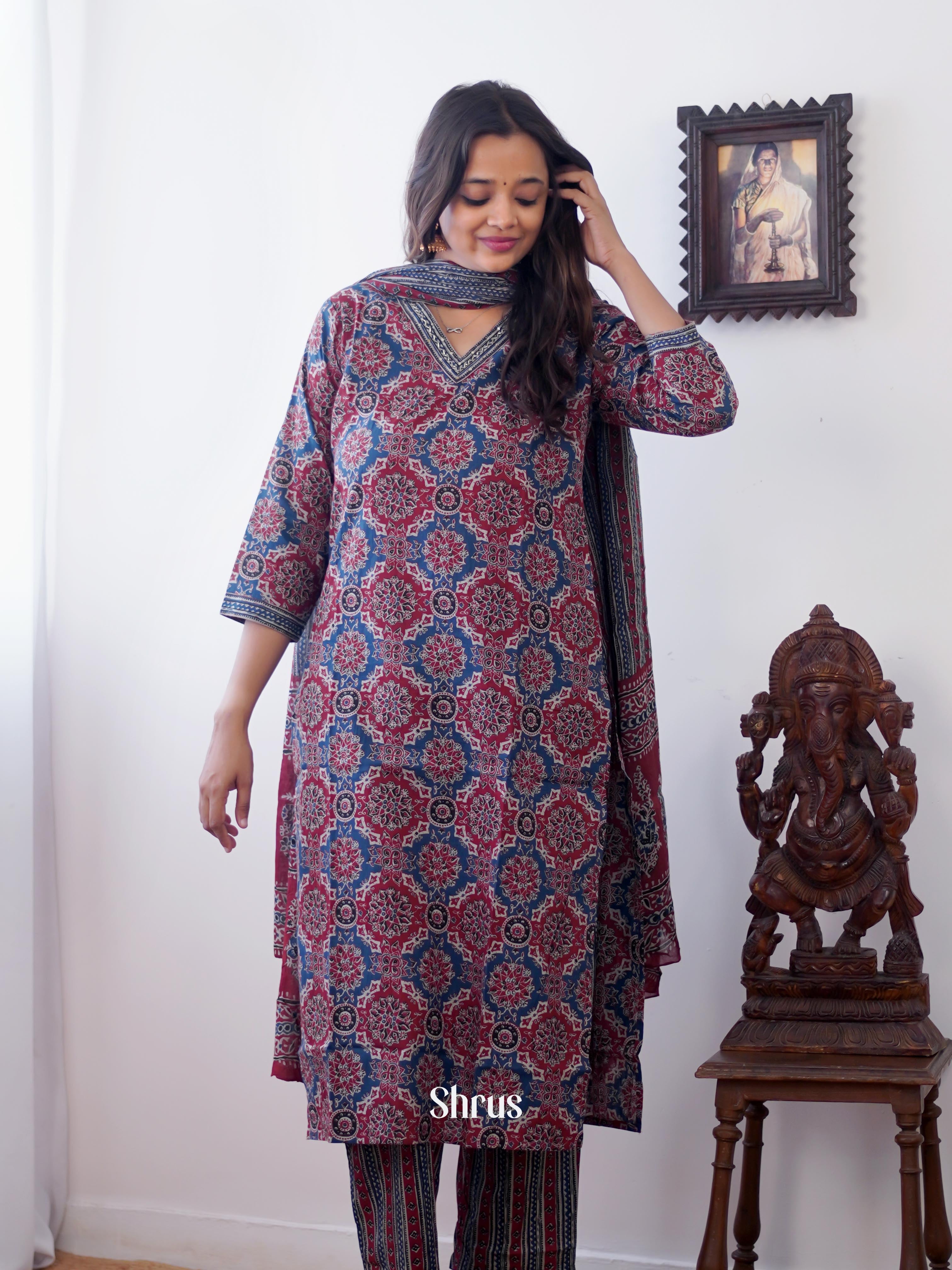 Blue - 3pc Ajrakh Printed Readymade Suits