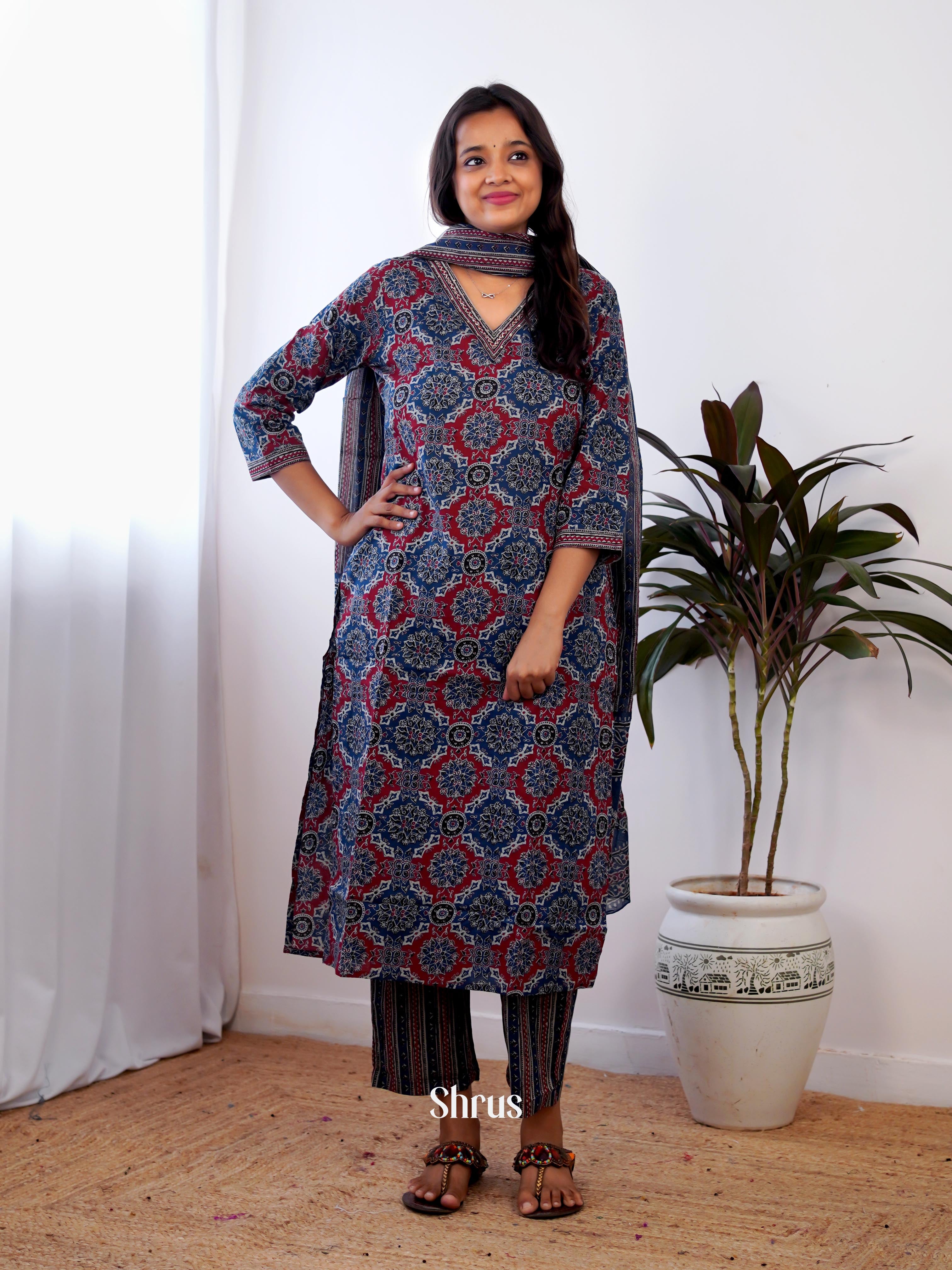 Blue & Maroon - 3pc Printed Readymade Suits