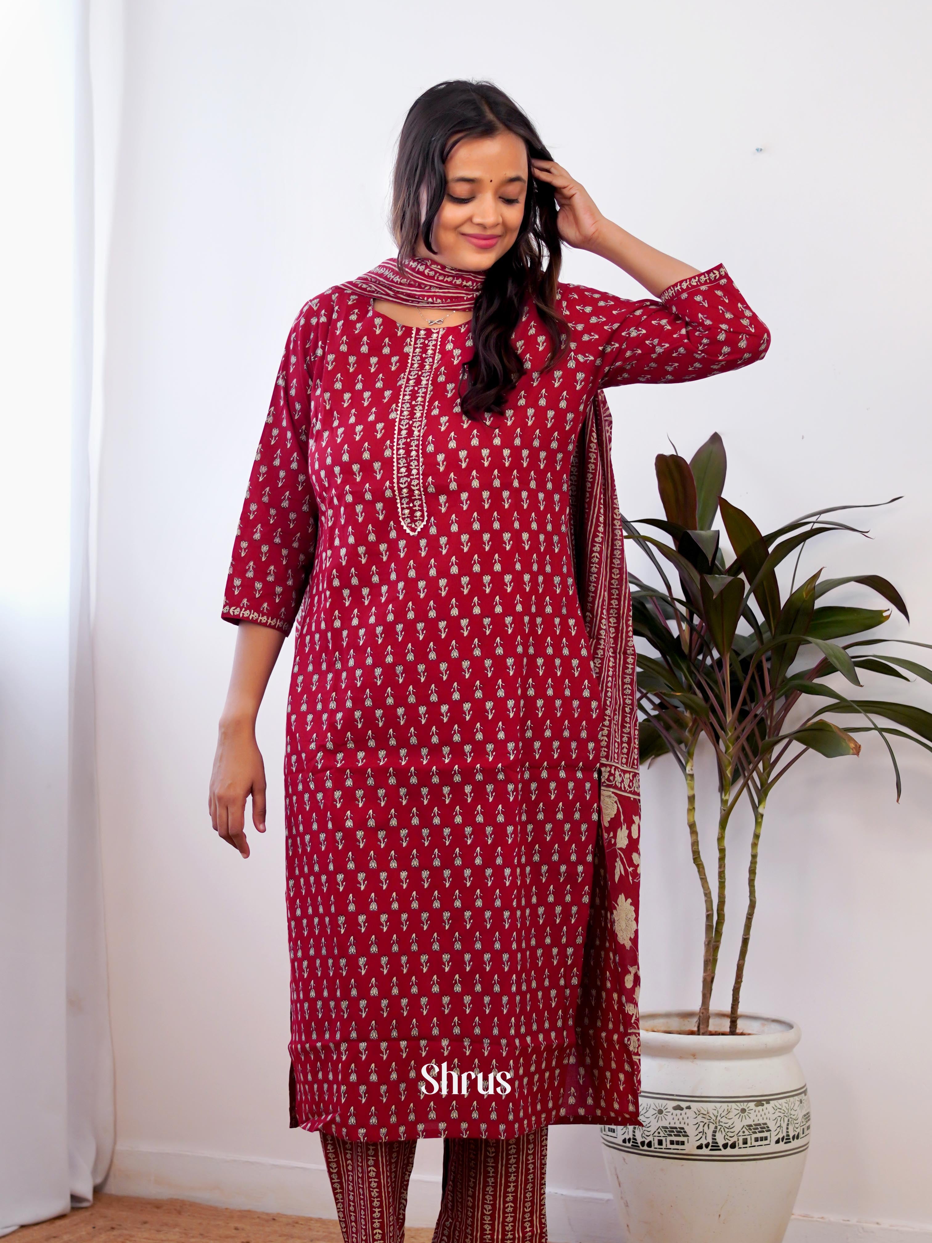 Red - 3pc Printed  Casual Readymade Suits